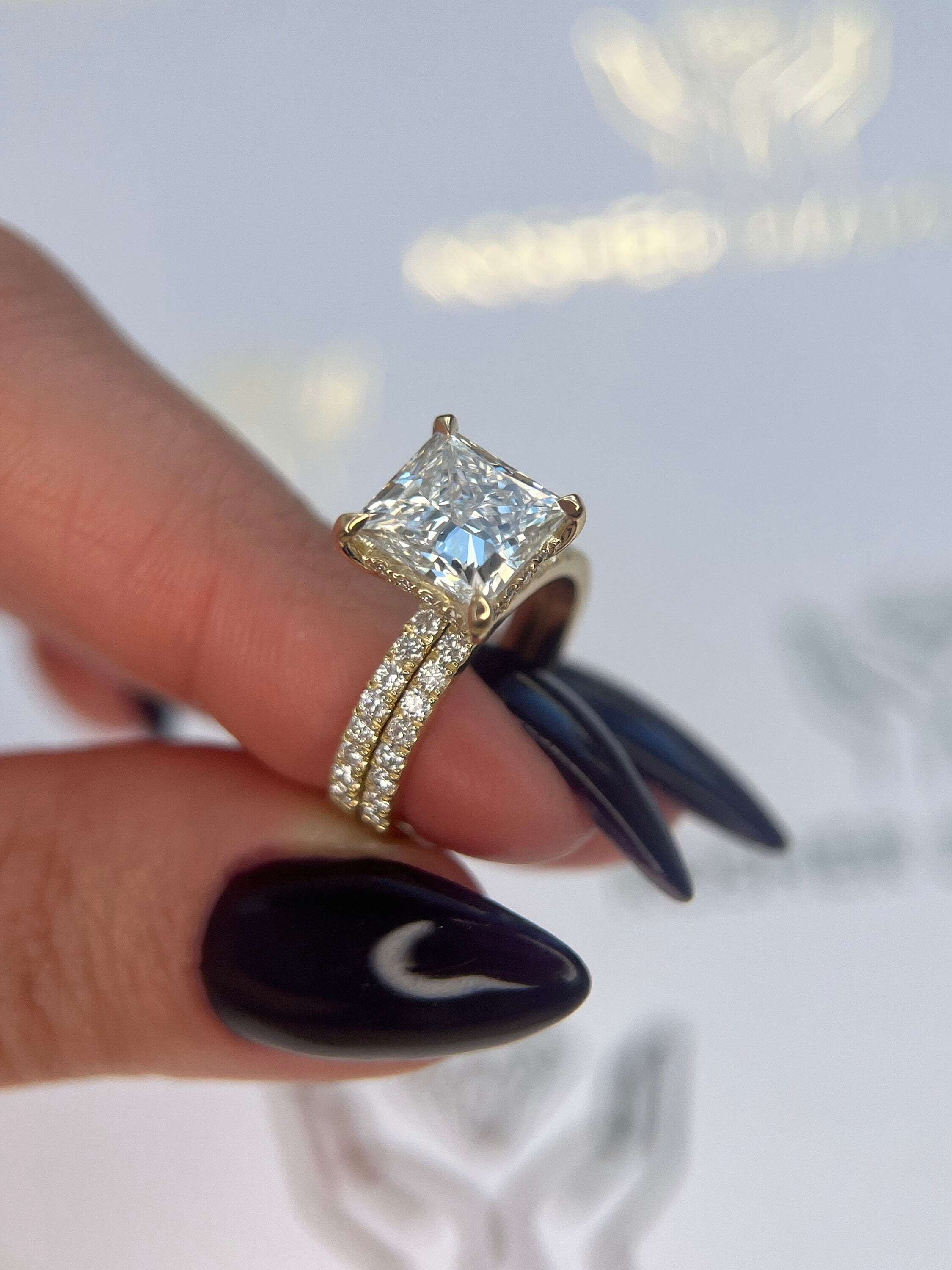 3.5 Carat Princess Cut Diamond Solitaire Hidden Halo Engagement Ring Set & Matching Diamond Band