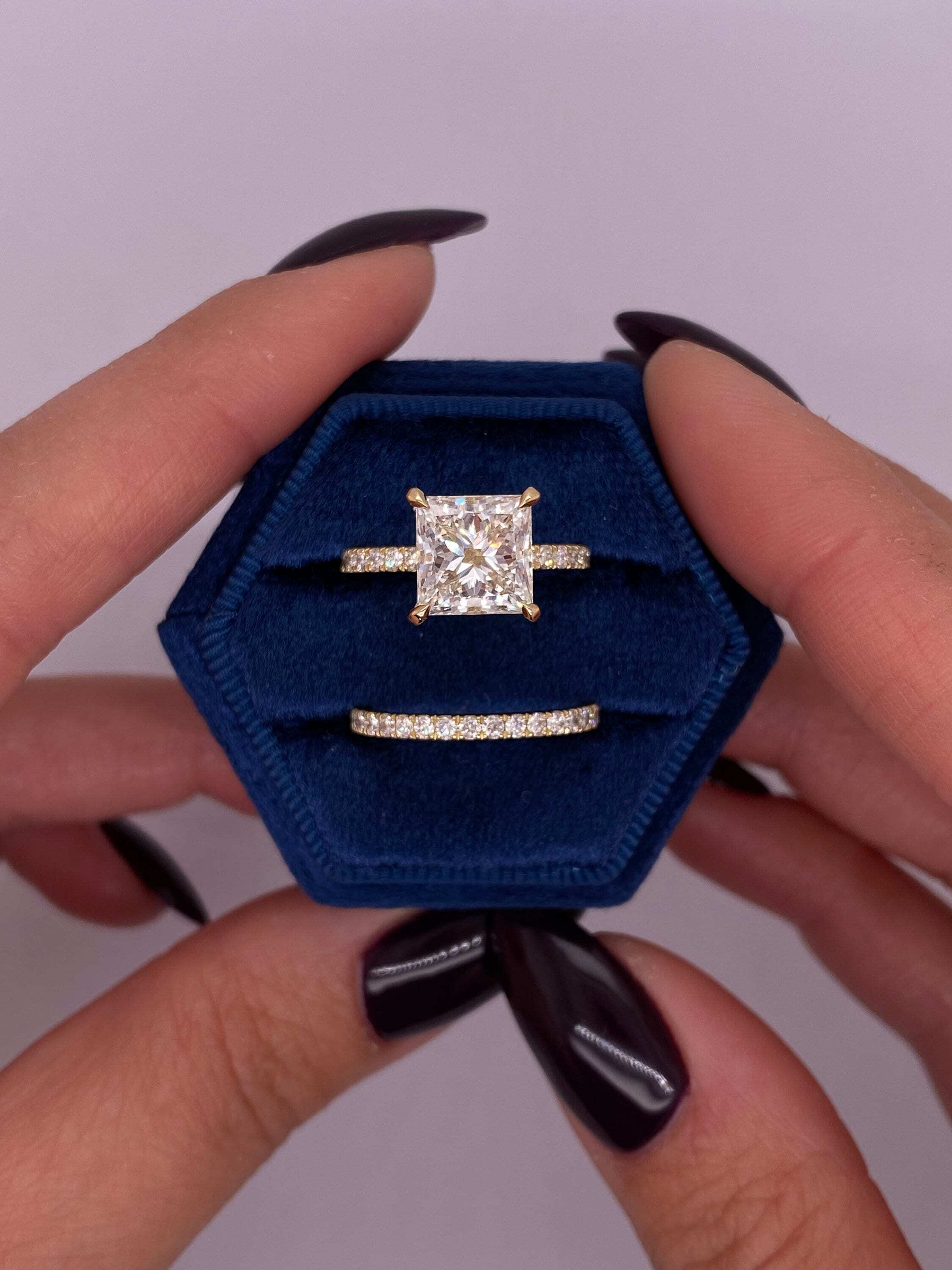 3.5 Carat Princess Cut Diamond Solitaire Hidden Halo Engagement Ring Set & Matching Diamond Band