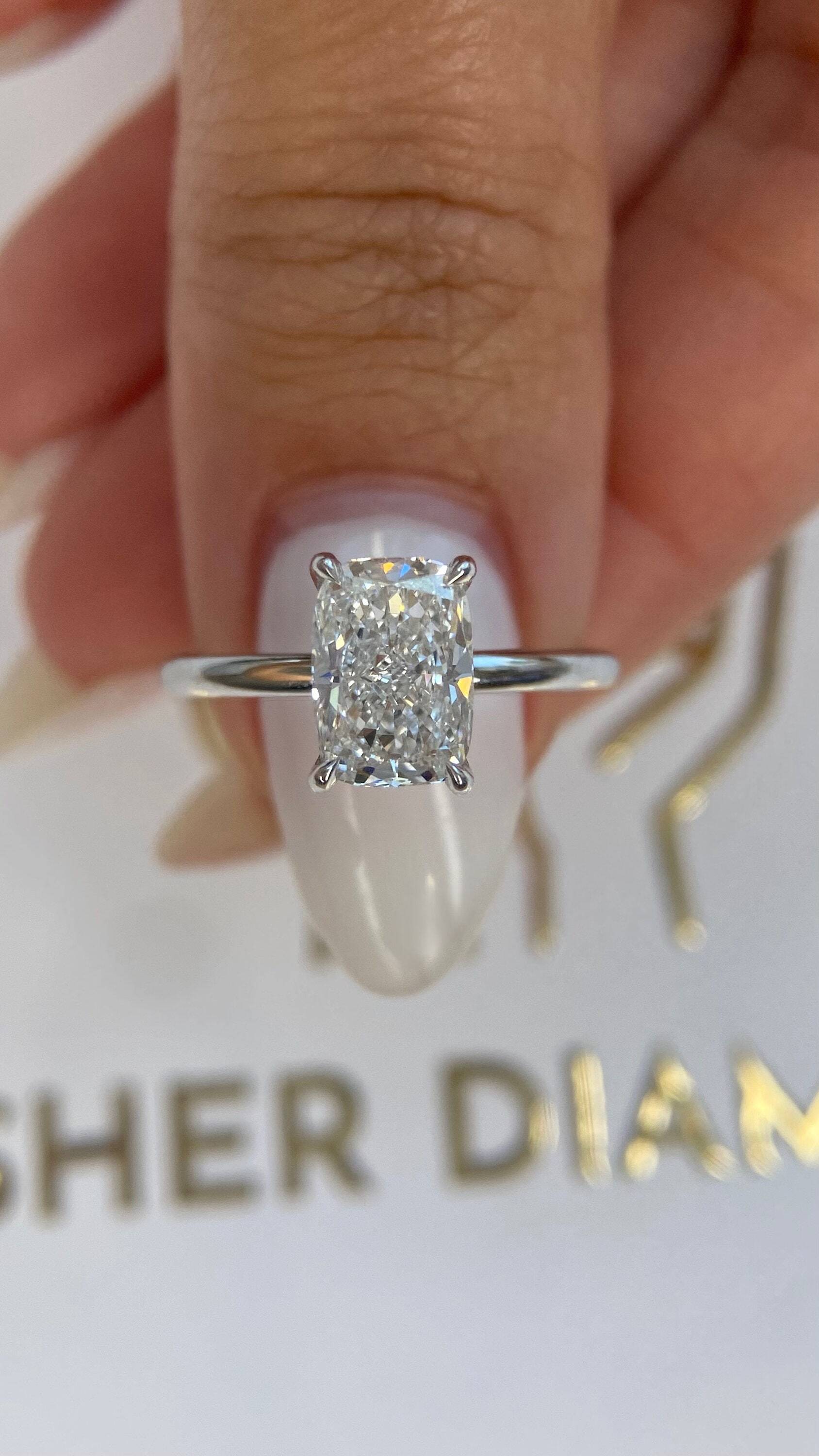 2.1 Carat Elongated Cushion Cut Diamond Solitaire Hidden Halo Engagement Ring
