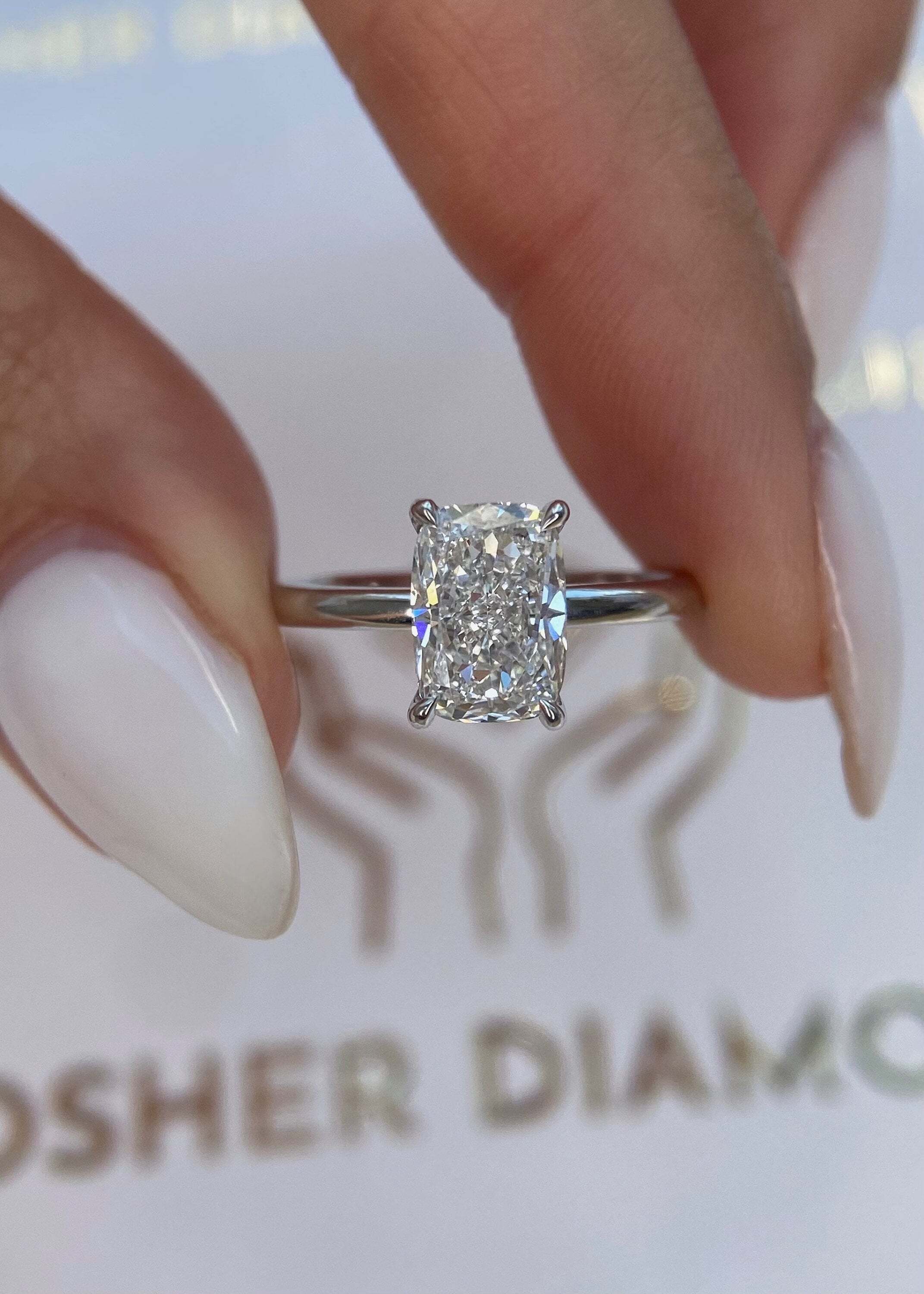 2.1 Carat Elongated Cushion Cut Diamond Solitaire Hidden Halo Engagement Ring