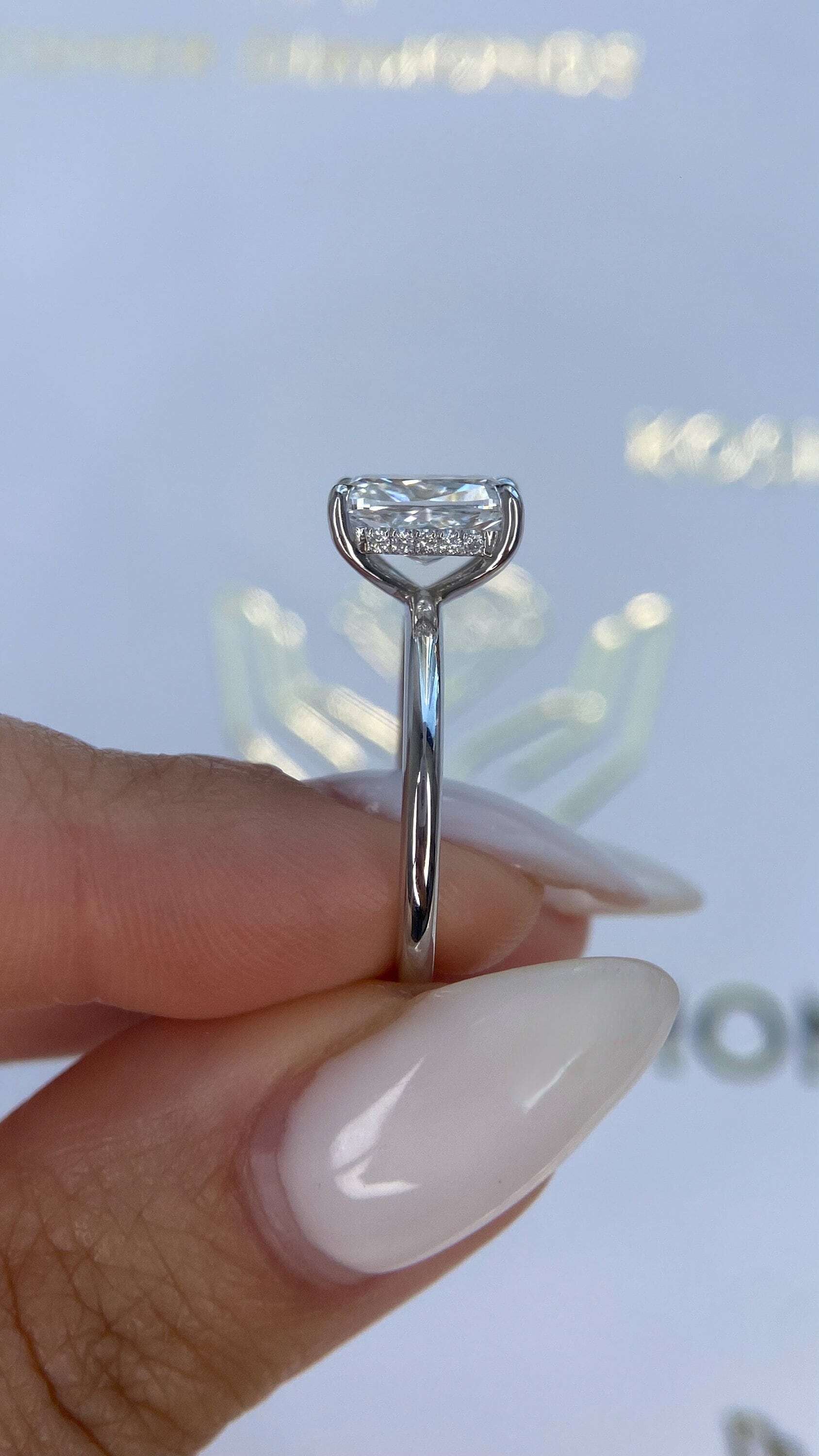 2.1 Carat Elongated Cushion Cut Diamond Solitaire Hidden Halo Engagement Ring