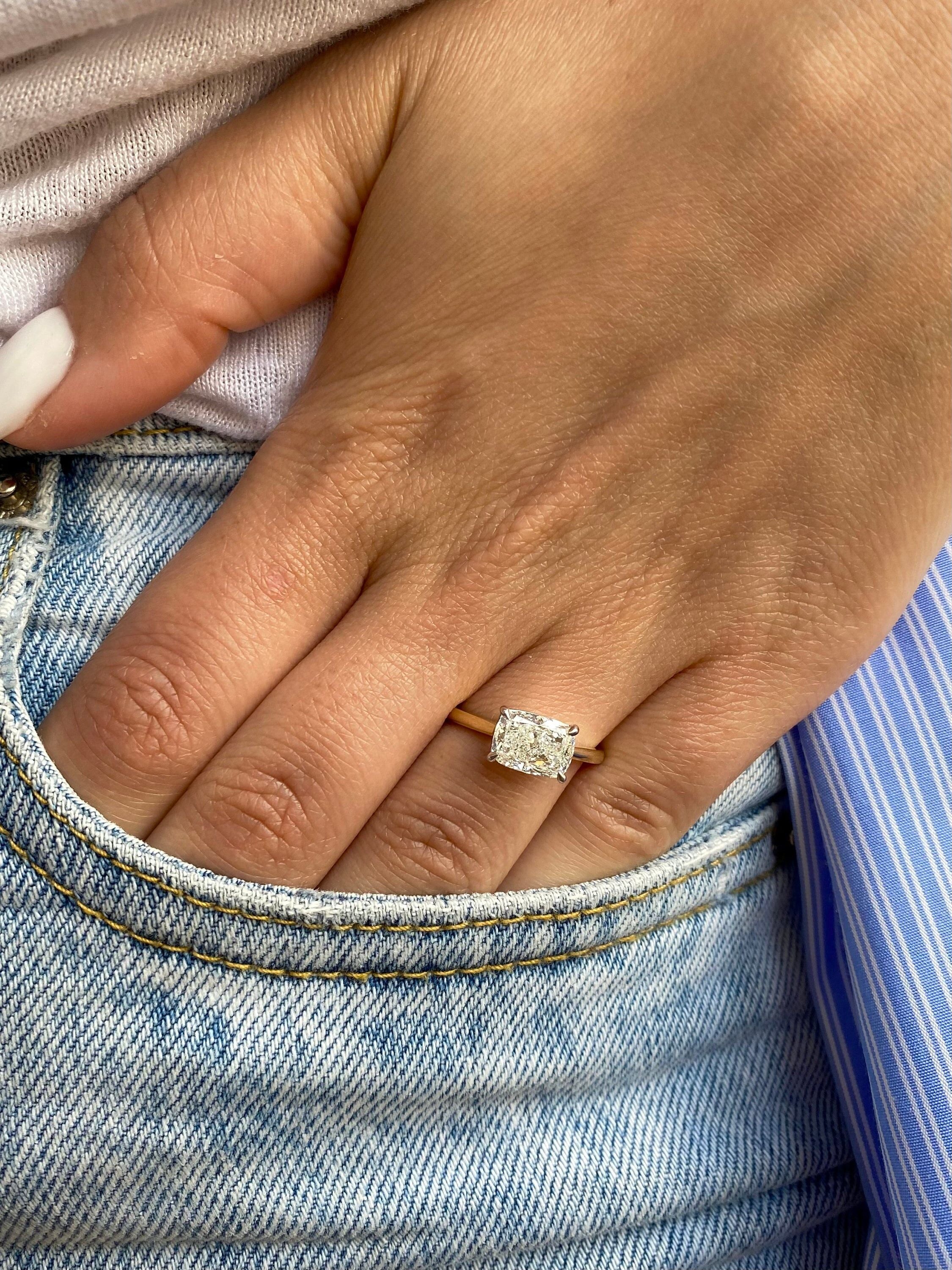 2.5 Carat East West Elongated Cushion Cut Diamond Solitaire Cathedral Set Two Tone Engagement Ring