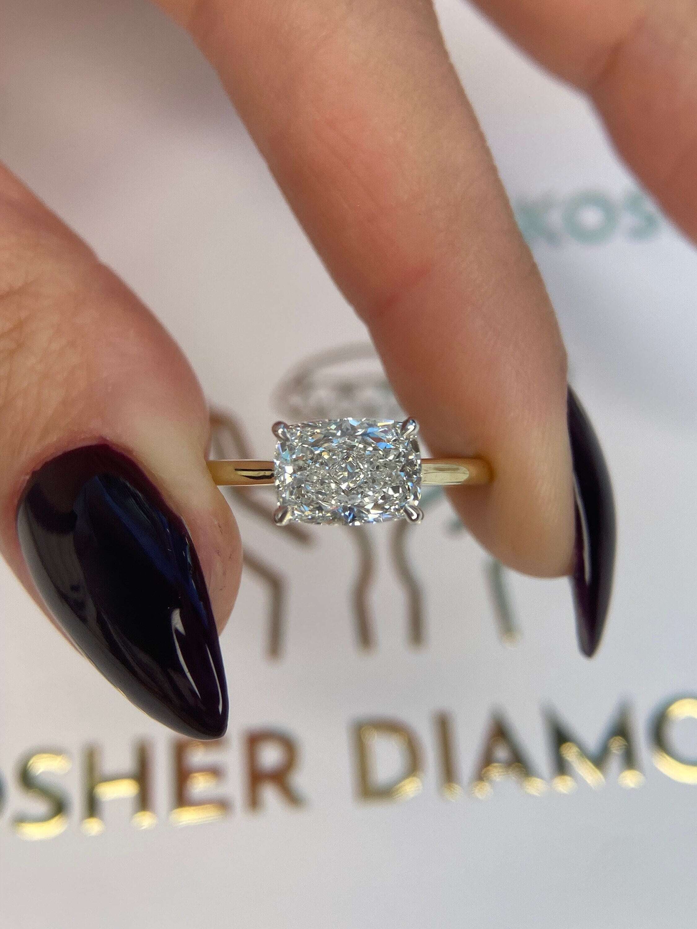 2.5 Carat East West Elongated Cushion Cut Diamond Solitaire Cathedral Set Two Tone Engagement Ring