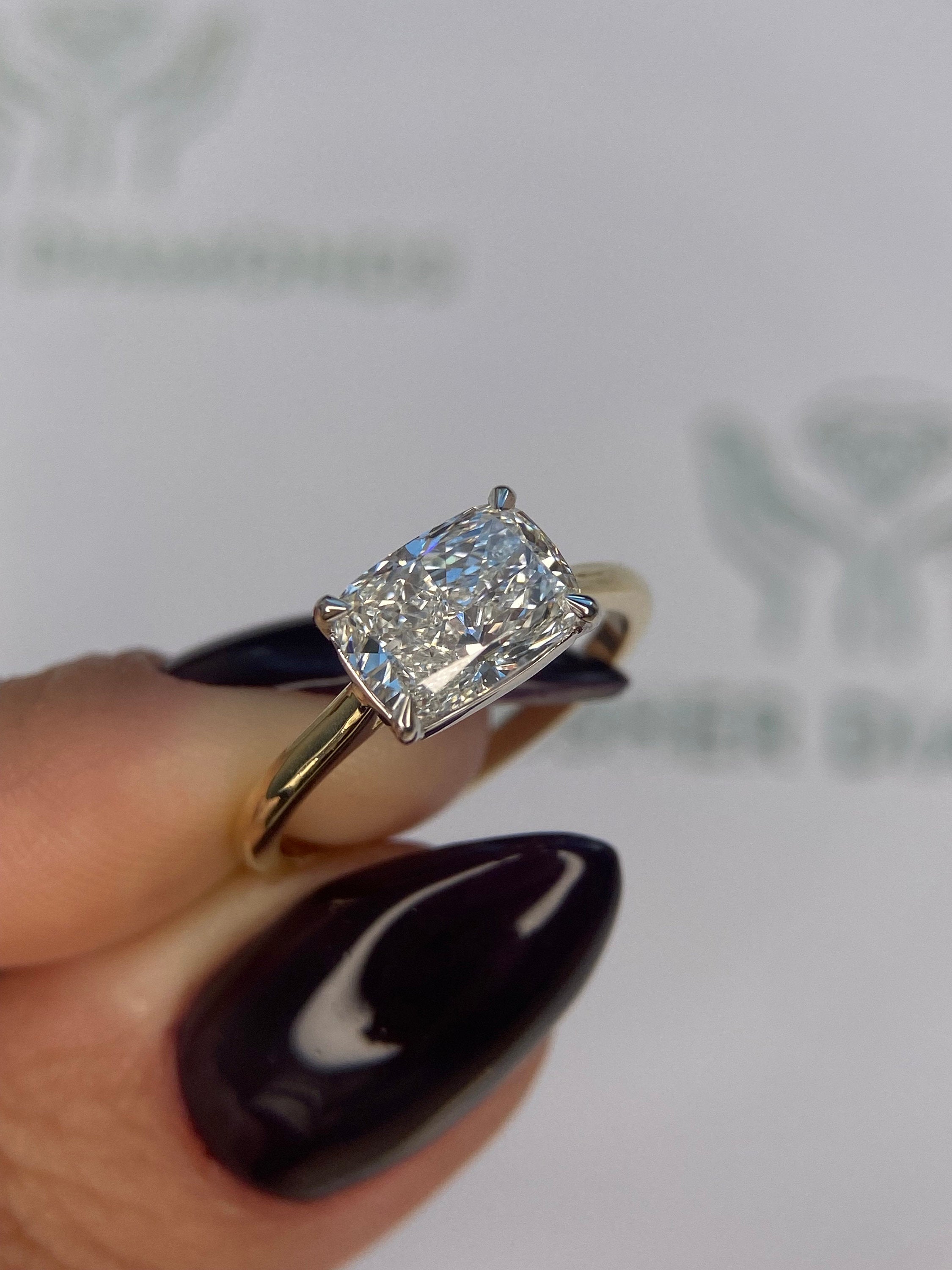 2.5 Carat East West Elongated Cushion Cut Diamond Solitaire Cathedral Set Two Tone Engagement Ring