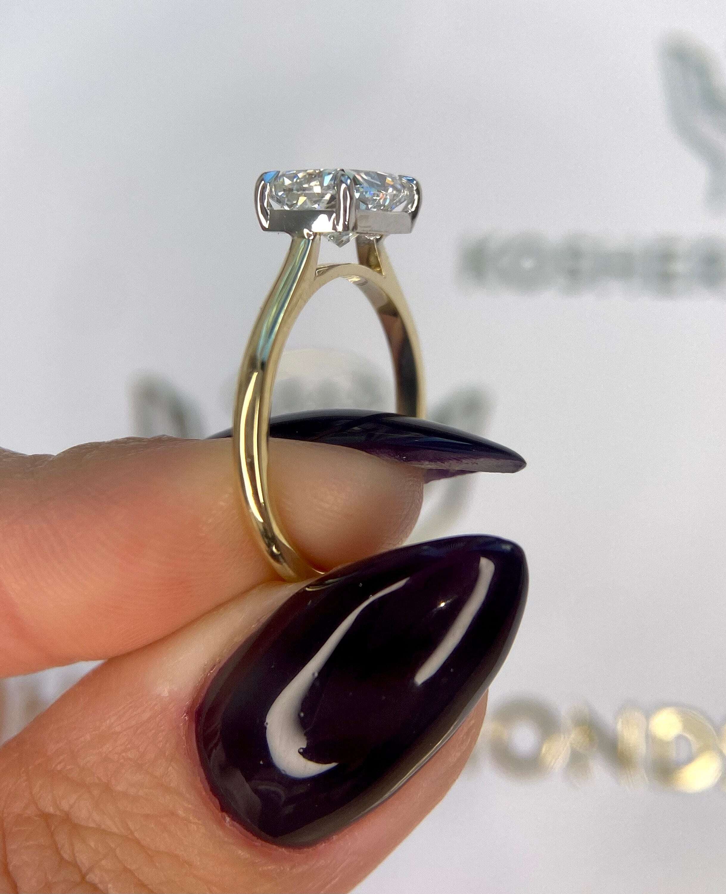 2.5 Carat East West Elongated Cushion Cut Diamond Solitaire Cathedral Set Two Tone Engagement Ring