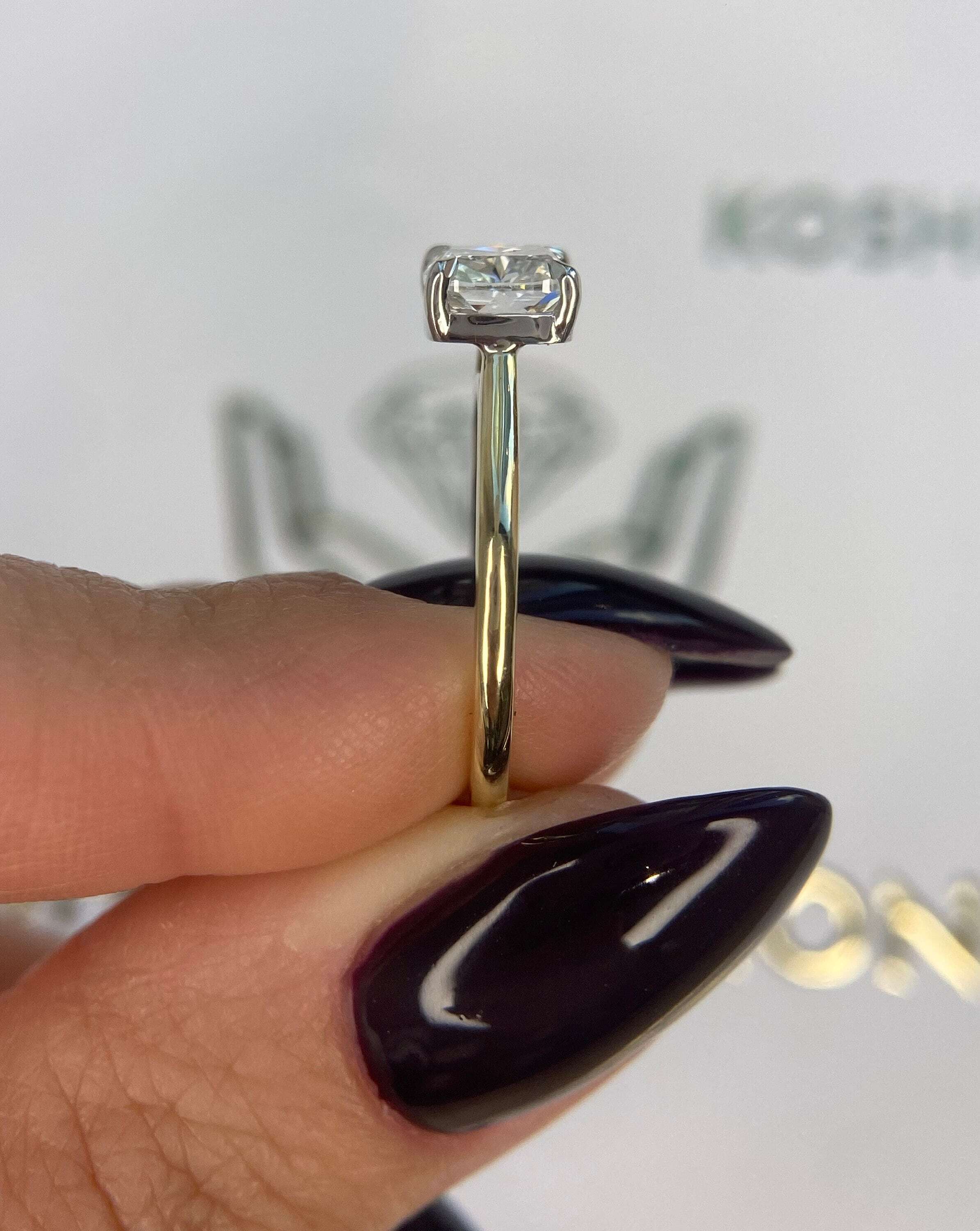 2.5 Carat East West Elongated Cushion Cut Diamond Solitaire Cathedral Set Two Tone Engagement Ring