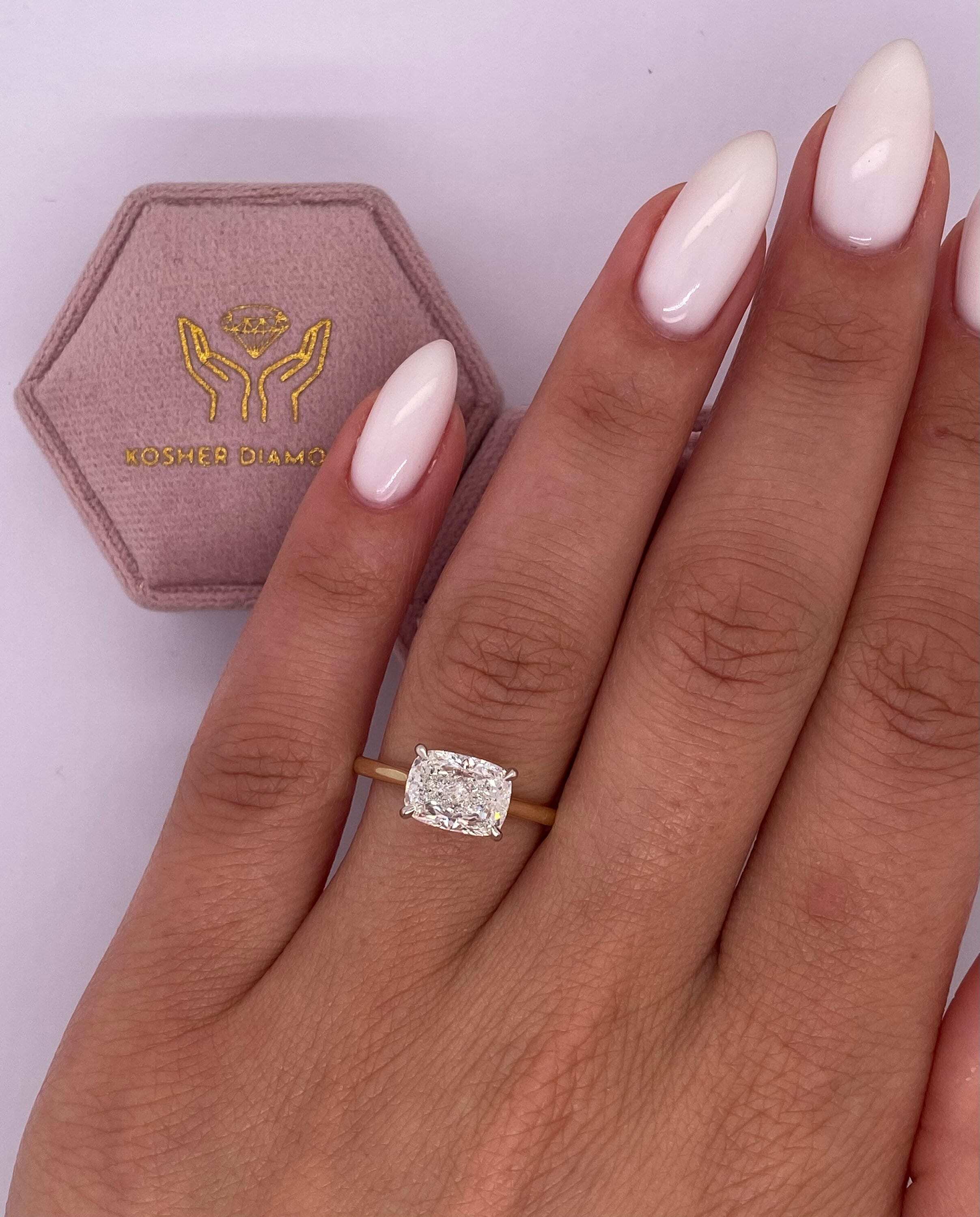2.5 Carat East West Elongated Cushion Cut Diamond Solitaire Cathedral Set Two Tone Engagement Ring