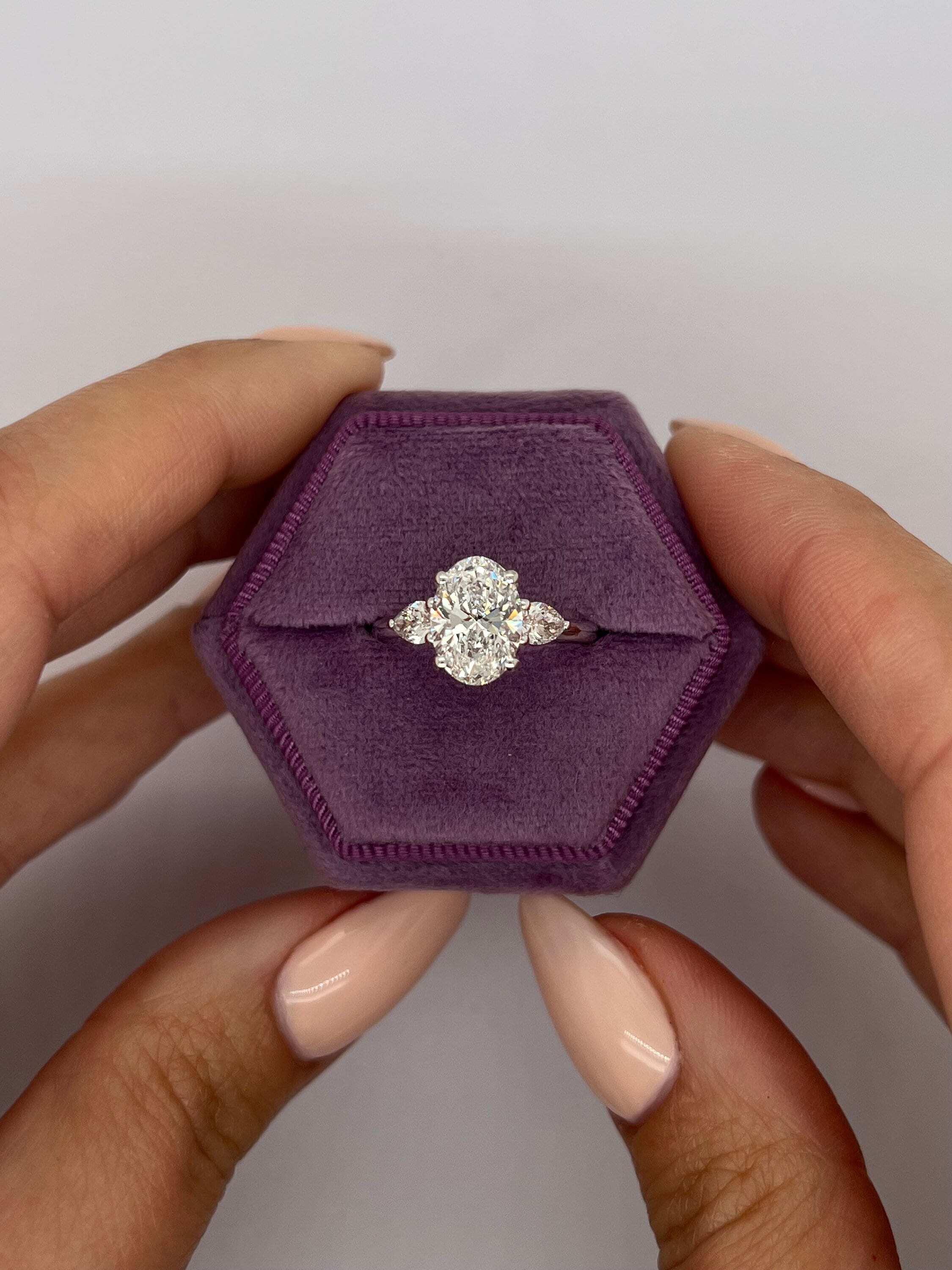2.5 Carat Oval Cut Three Stone Diamond Engagement Ring, Side Pear Diamonds