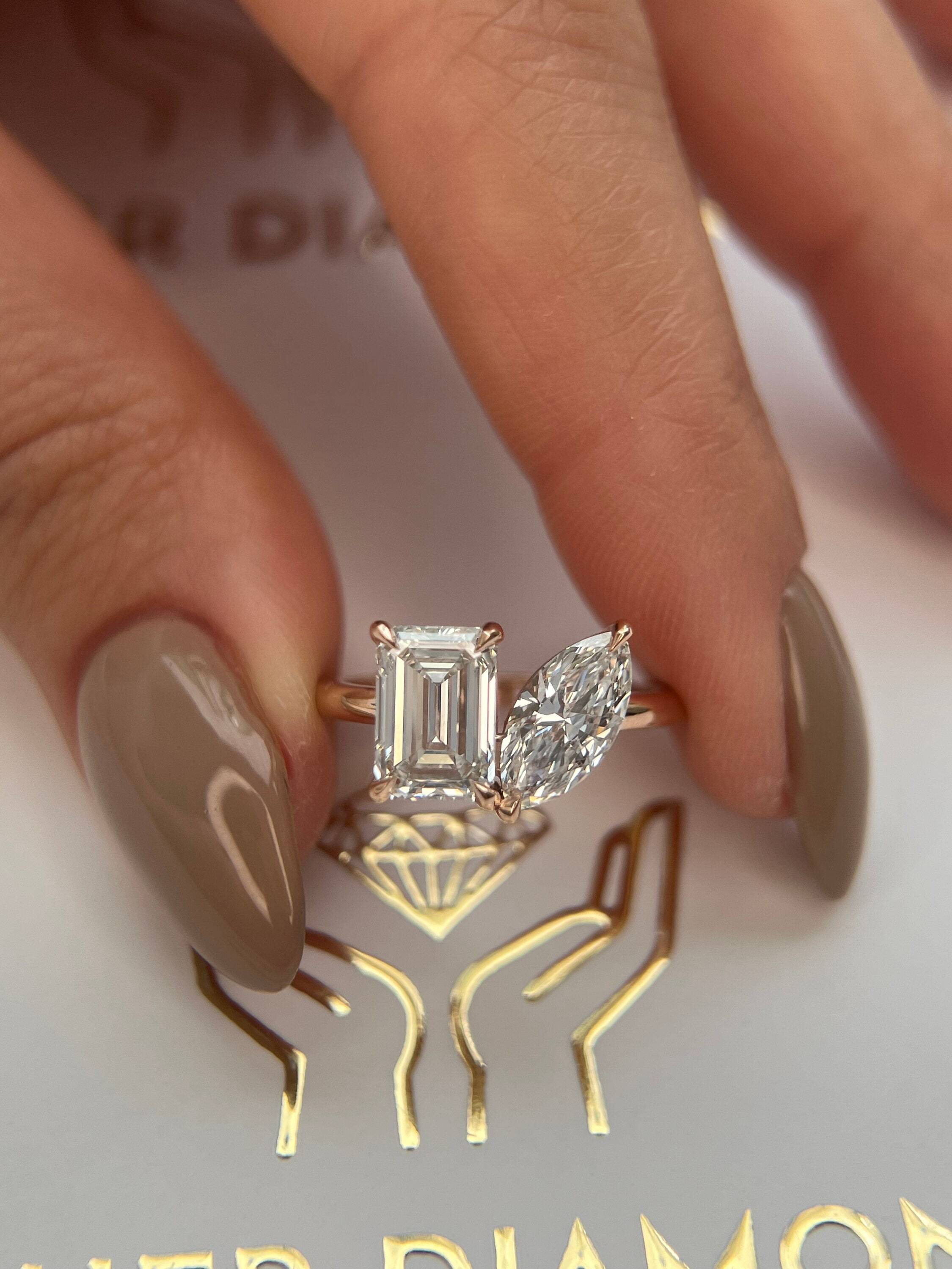 Toi et Moi, You & Me Ring 4.5 Carat Marquise + Emerald Cut Two Stone Diamond Engagement Ring