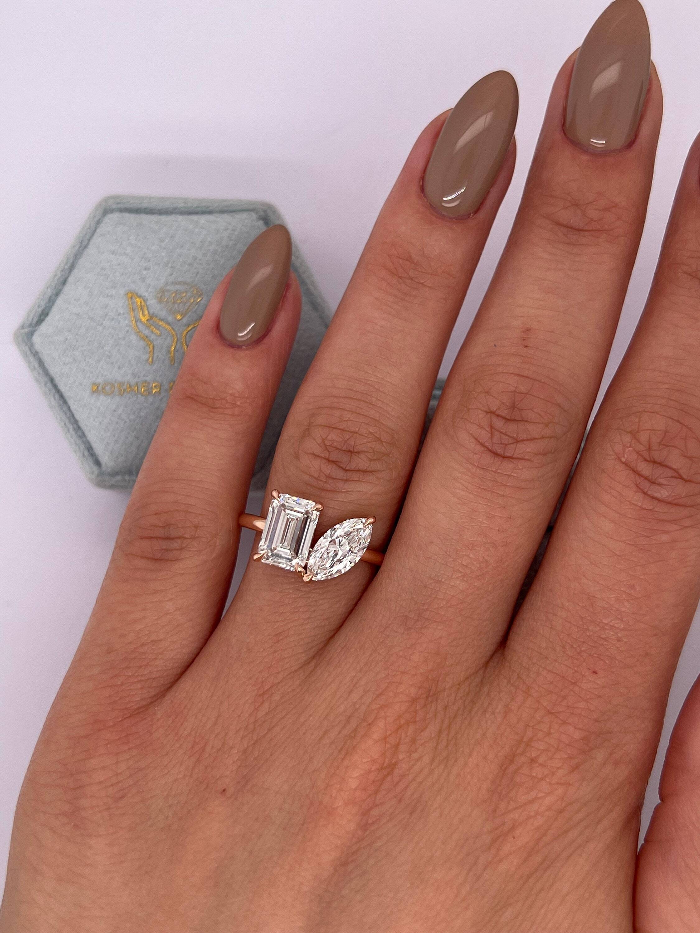 Toi et Moi, You & Me Ring 4.5 Carat Marquise + Emerald Cut Two Stone Diamond Engagement Ring