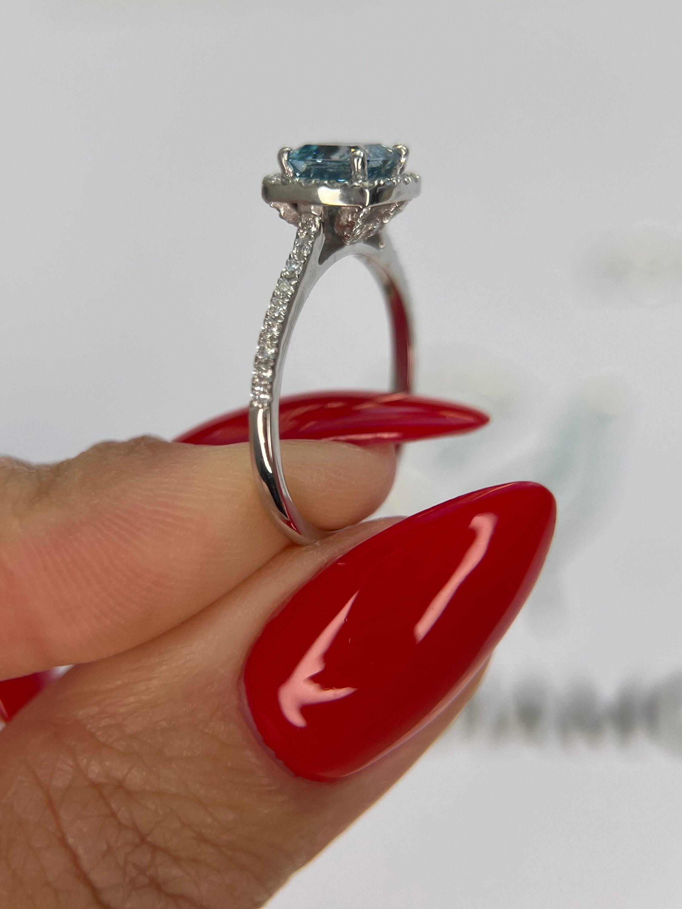 1.25 Carat Fancy Vivid Blue Color Asscher Square Emerald Cut Halo Engagement Ring