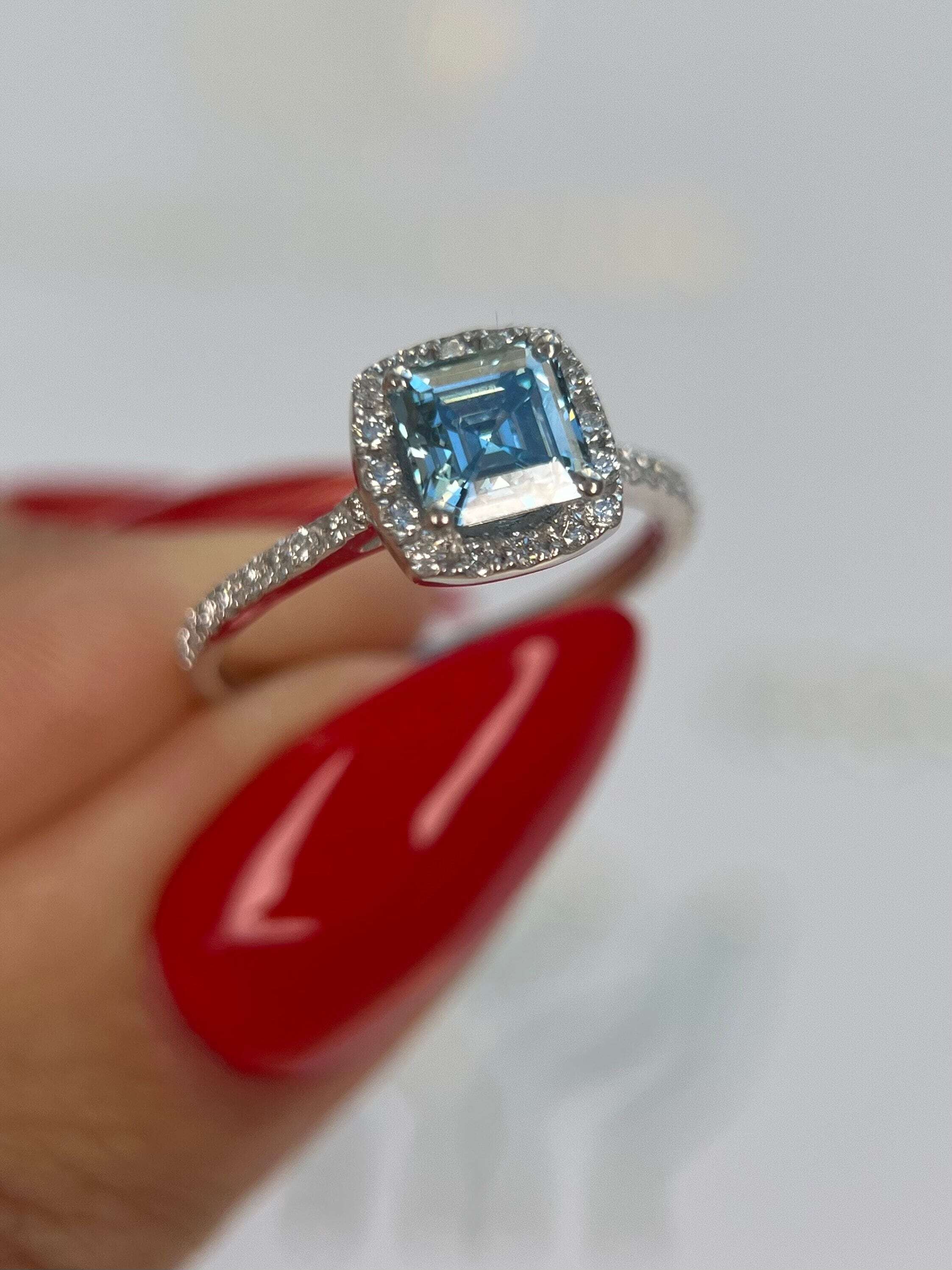 1.25 Carat Fancy Vivid Blue Color Asscher Square Emerald Cut Halo Engagement Ring