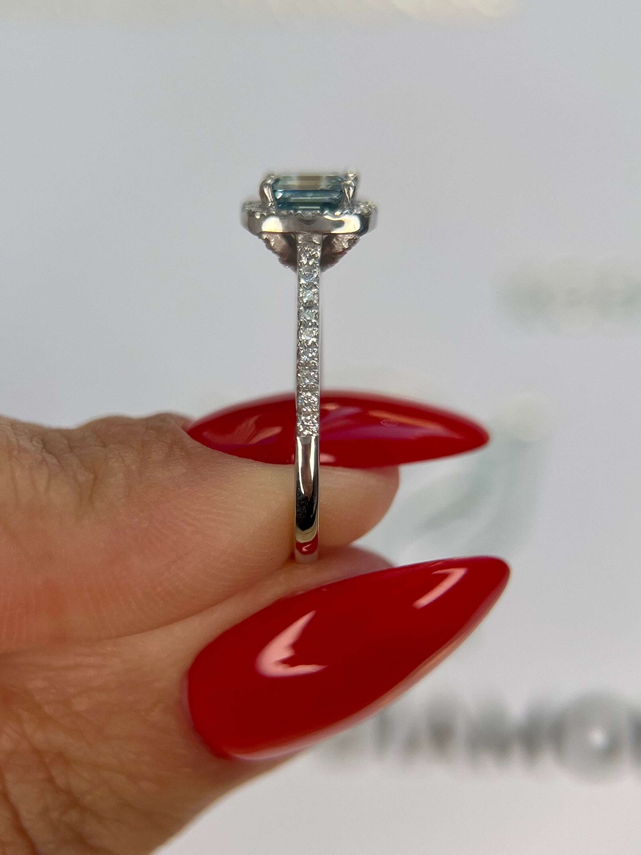 1.25 Carat Fancy Vivid Blue Color Asscher Square Emerald Cut Halo Engagement Ring