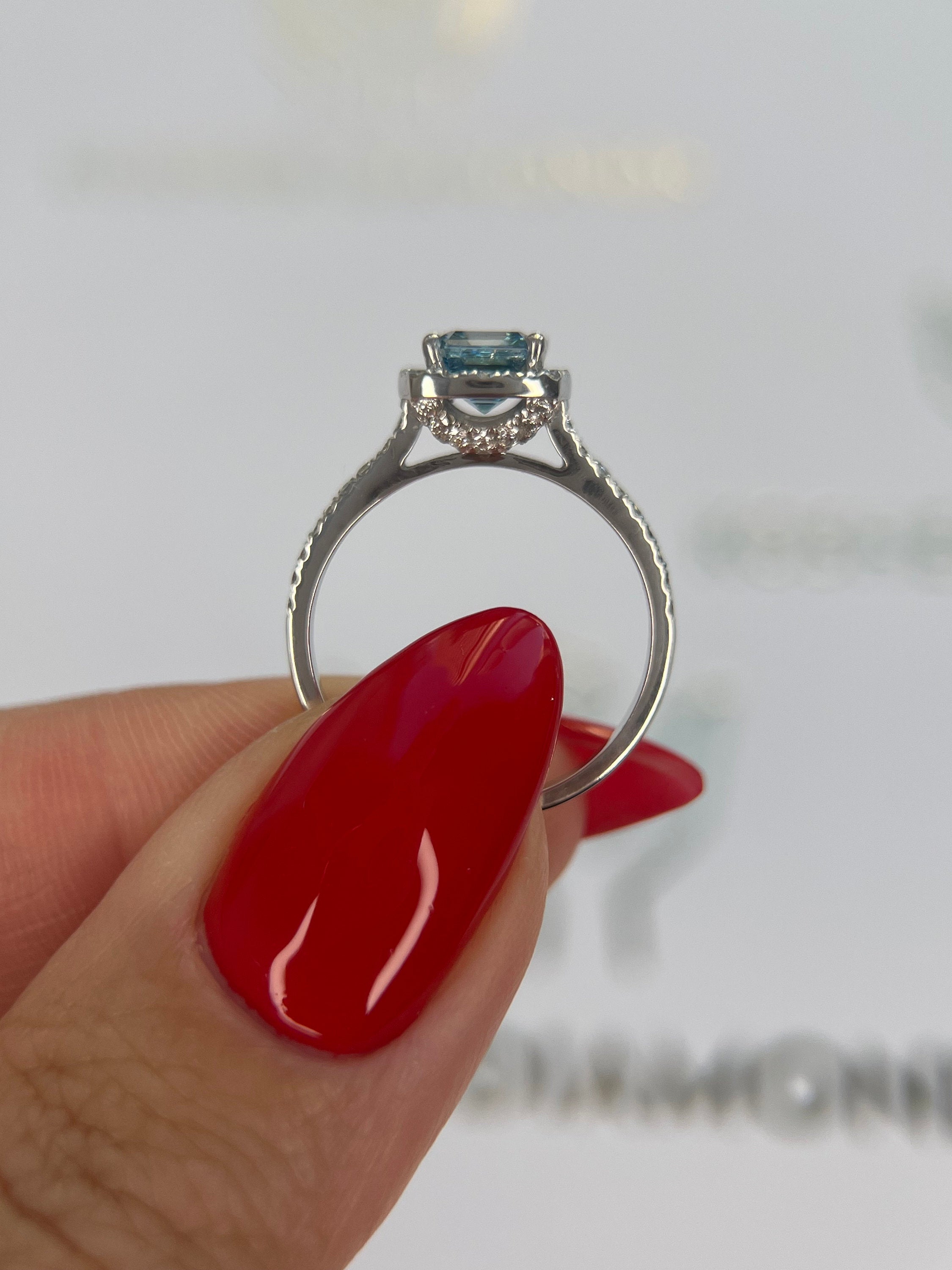 1.25 Carat Fancy Vivid Blue Color Asscher Square Emerald Cut Halo Engagement Ring