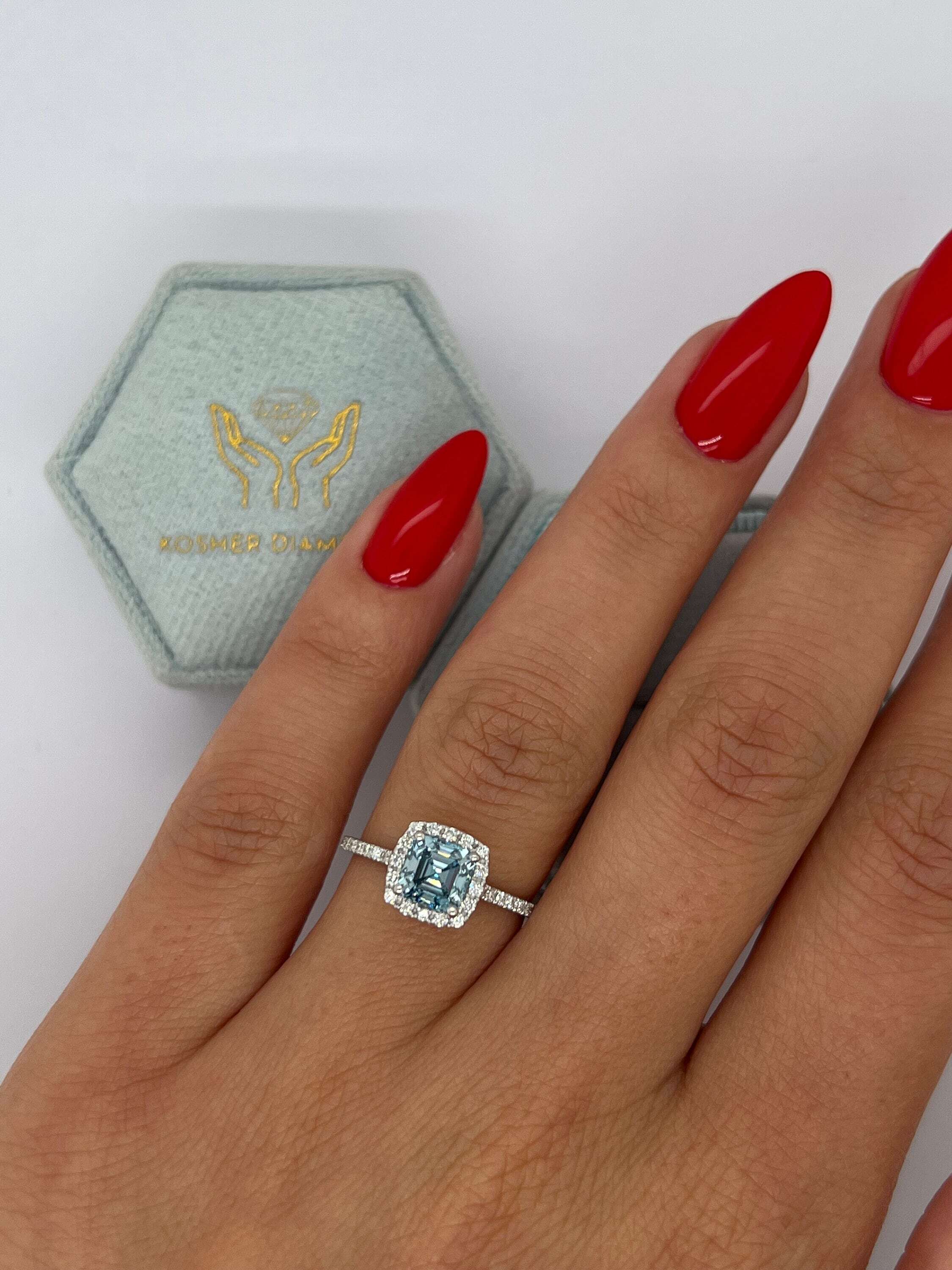 1.25 Carat Fancy Vivid Blue Color Asscher Square Emerald Cut Halo Engagement Ring