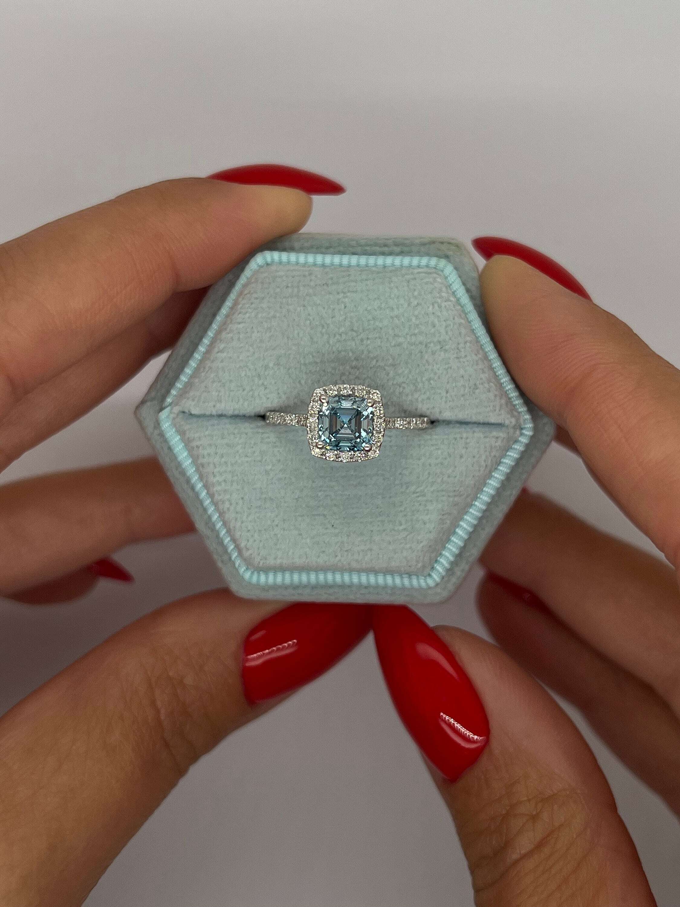 1.25 Carat Fancy Vivid Blue Color Asscher Square Emerald Cut Halo Engagement Ring