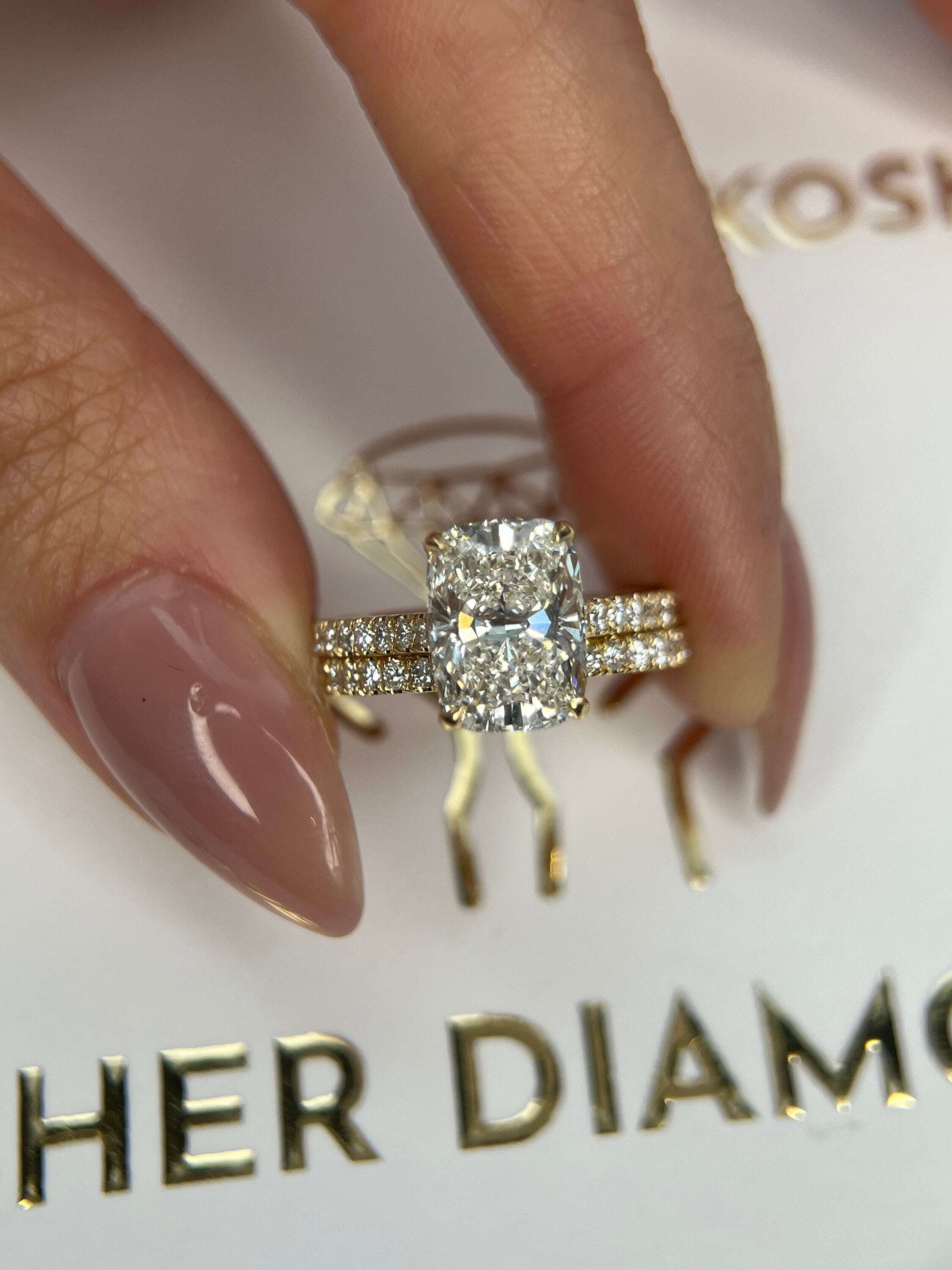 2.5 Carat Elongated Cushion Cut Diamond Hidden Halo Engagement Ring Set, Matching Round Diamond Band