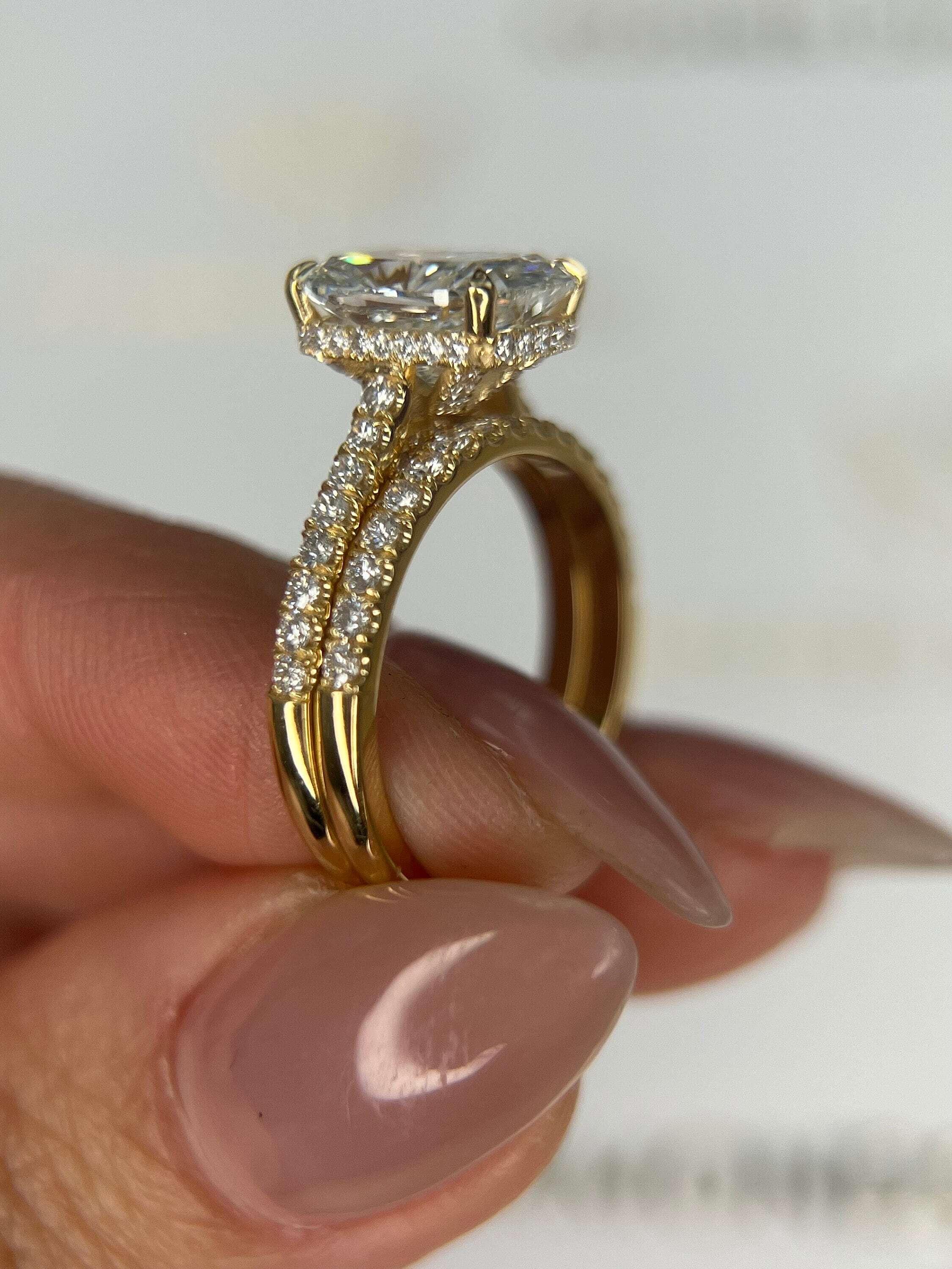 2.5 Carat Elongated Cushion Cut Diamond Hidden Halo Engagement Ring Set, Matching Round Diamond Band