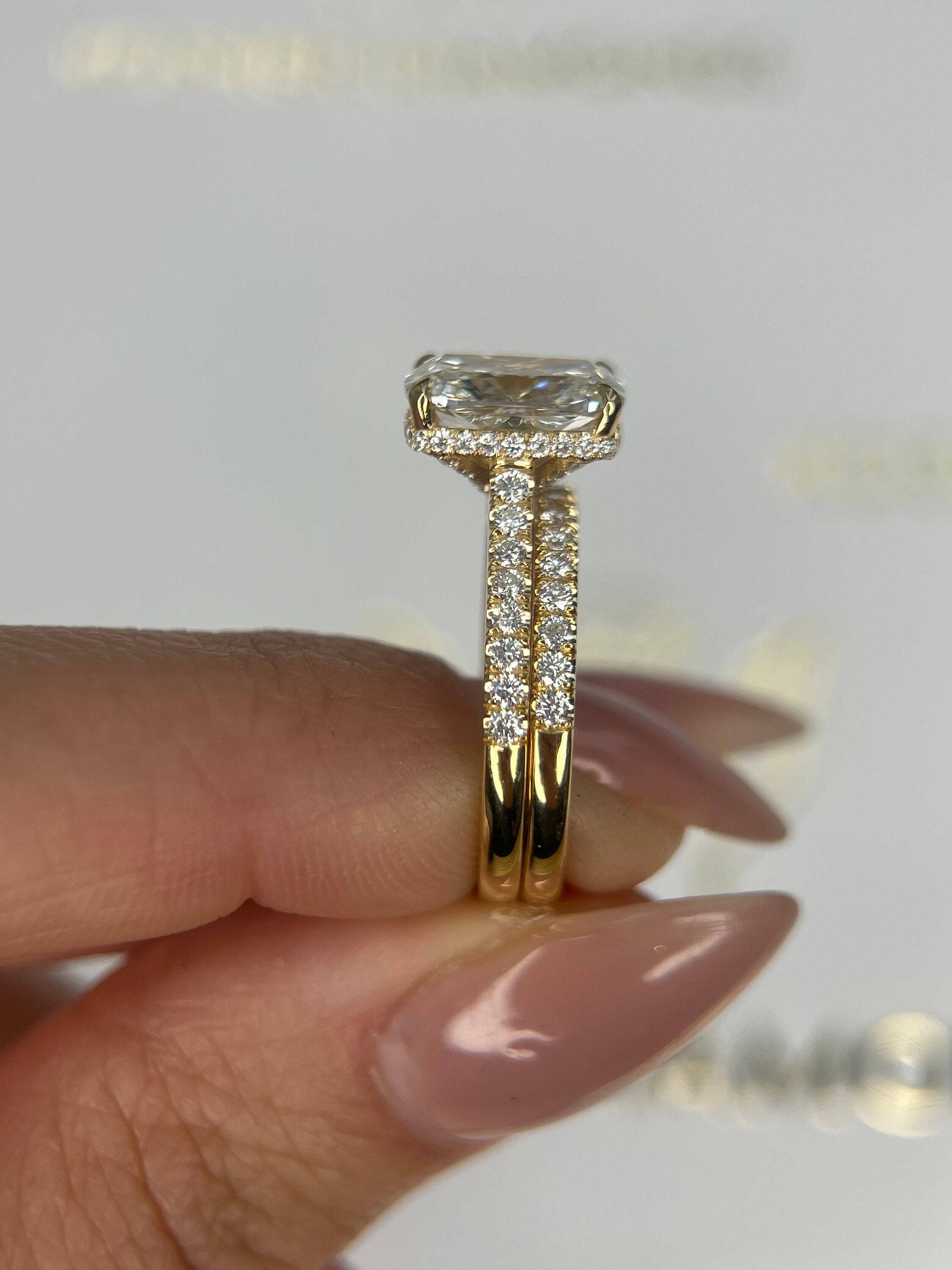 2.5 Carat Elongated Cushion Cut Diamond Hidden Halo Engagement Ring Set, Matching Round Diamond Band