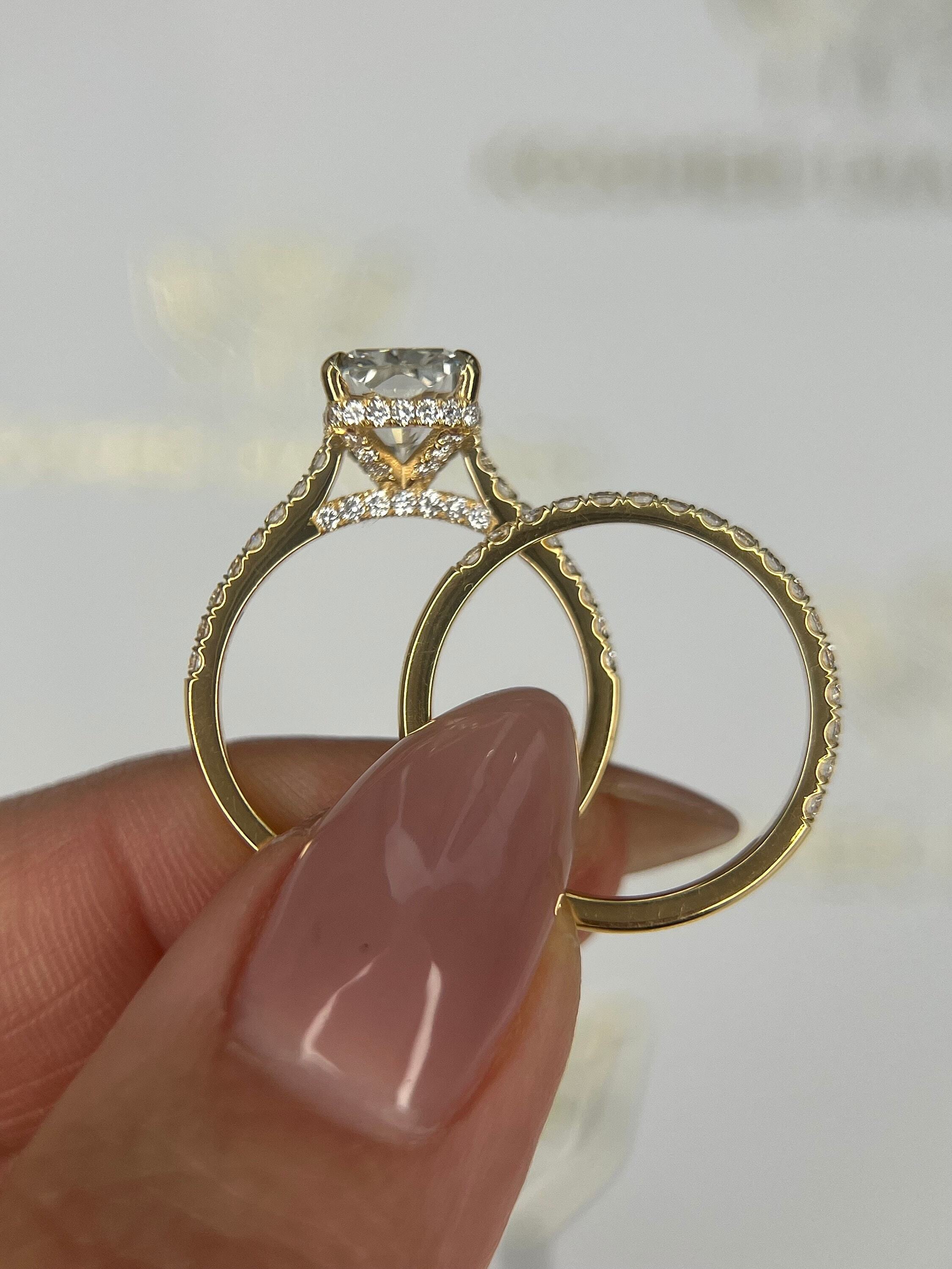 2.5 Carat Elongated Cushion Cut Diamond Hidden Halo Engagement Ring Set, Matching Round Diamond Band