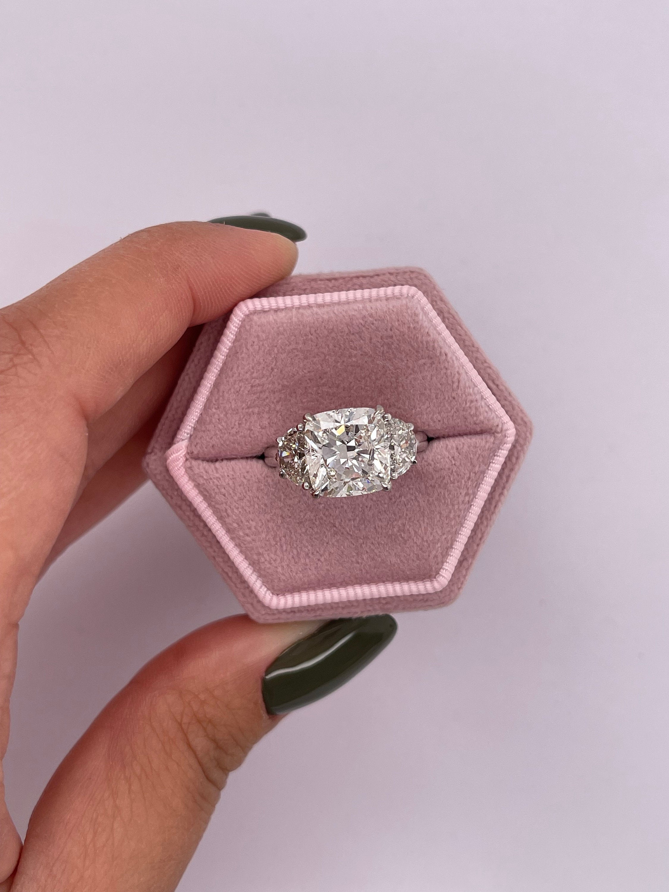 4 Carat Cushion Cut Three Stone Diamond Engagement Ring, Half Moon Side Diamonds