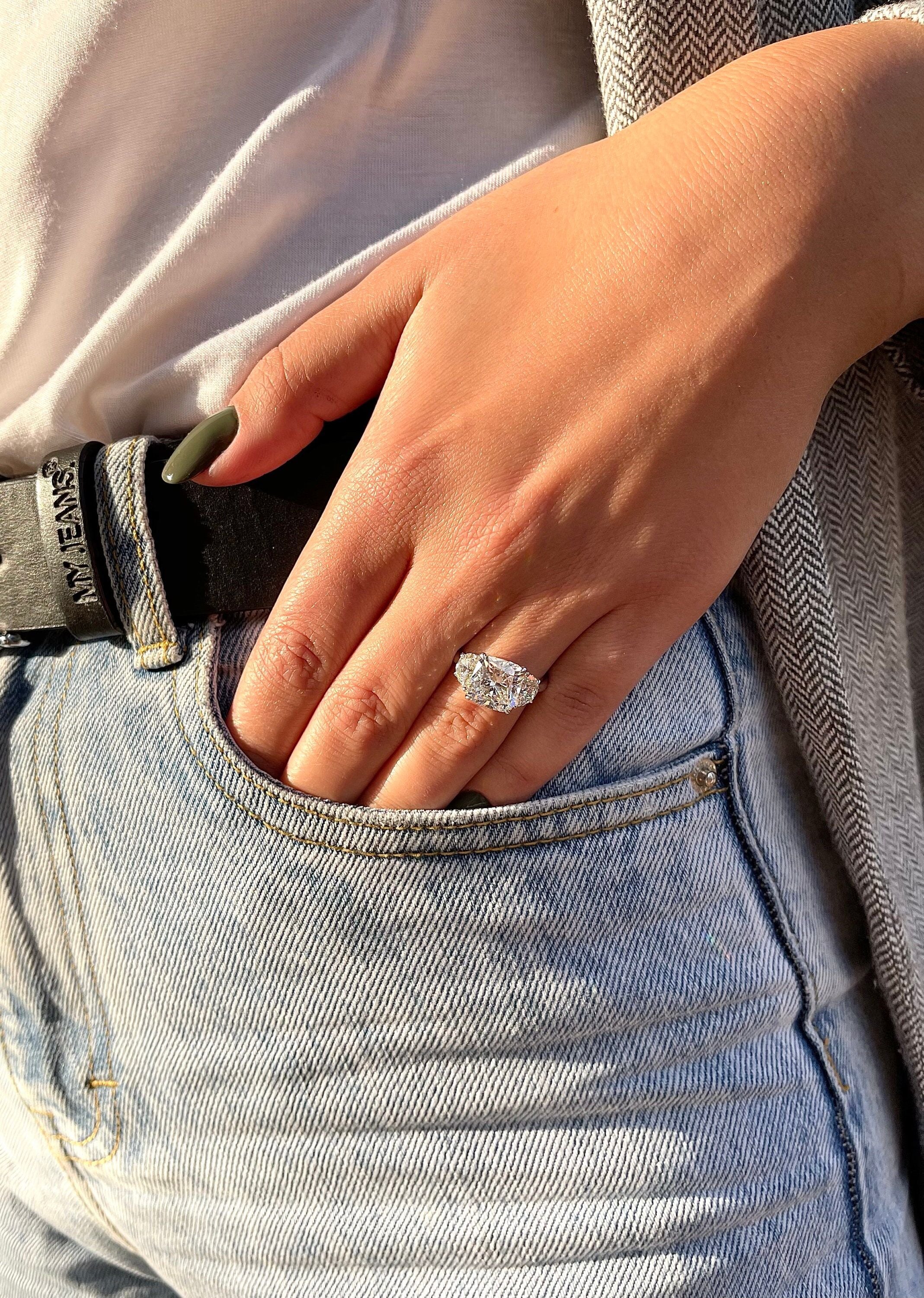 4 Carat Cushion Cut Three Stone Diamond Engagement Ring, Half Moon Side Diamonds