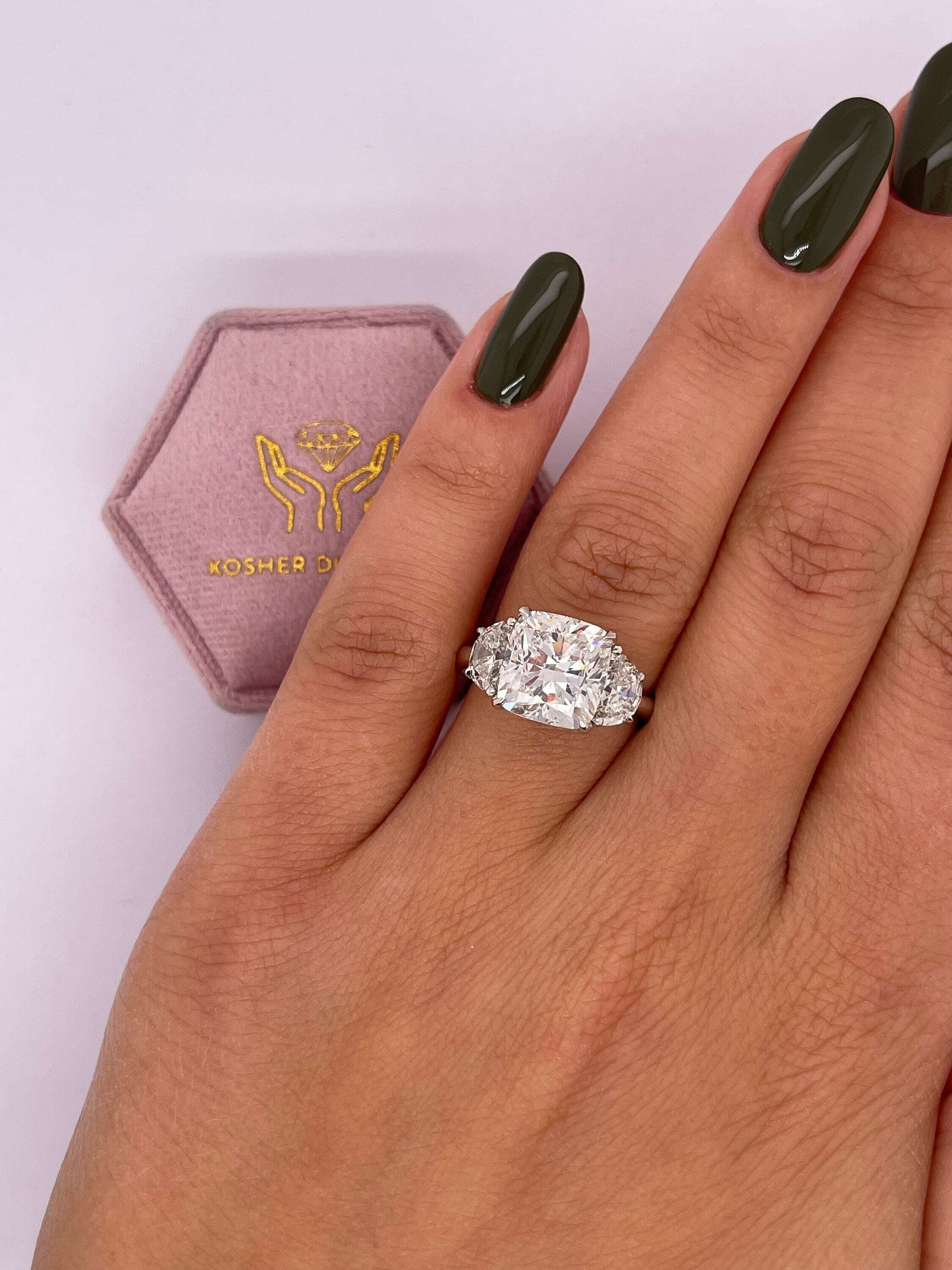 4 Carat Cushion Cut Three Stone Diamond Engagement Ring, Half Moon Side Diamonds