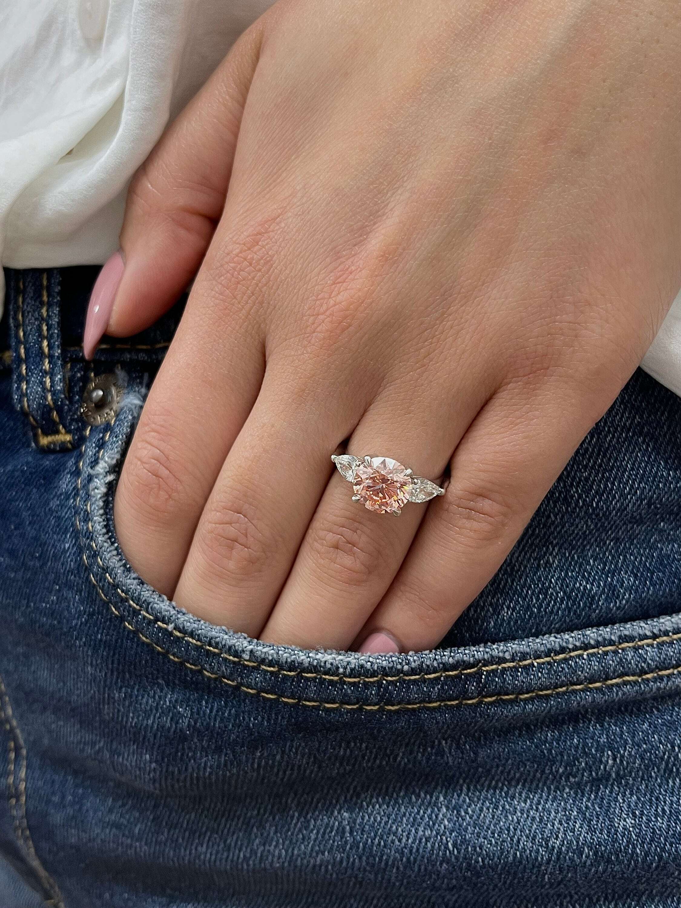 3.75 Carat Fancy Vivid Pink Round Three Stone Diamond Engagement Ring, Pear Side Diamonds