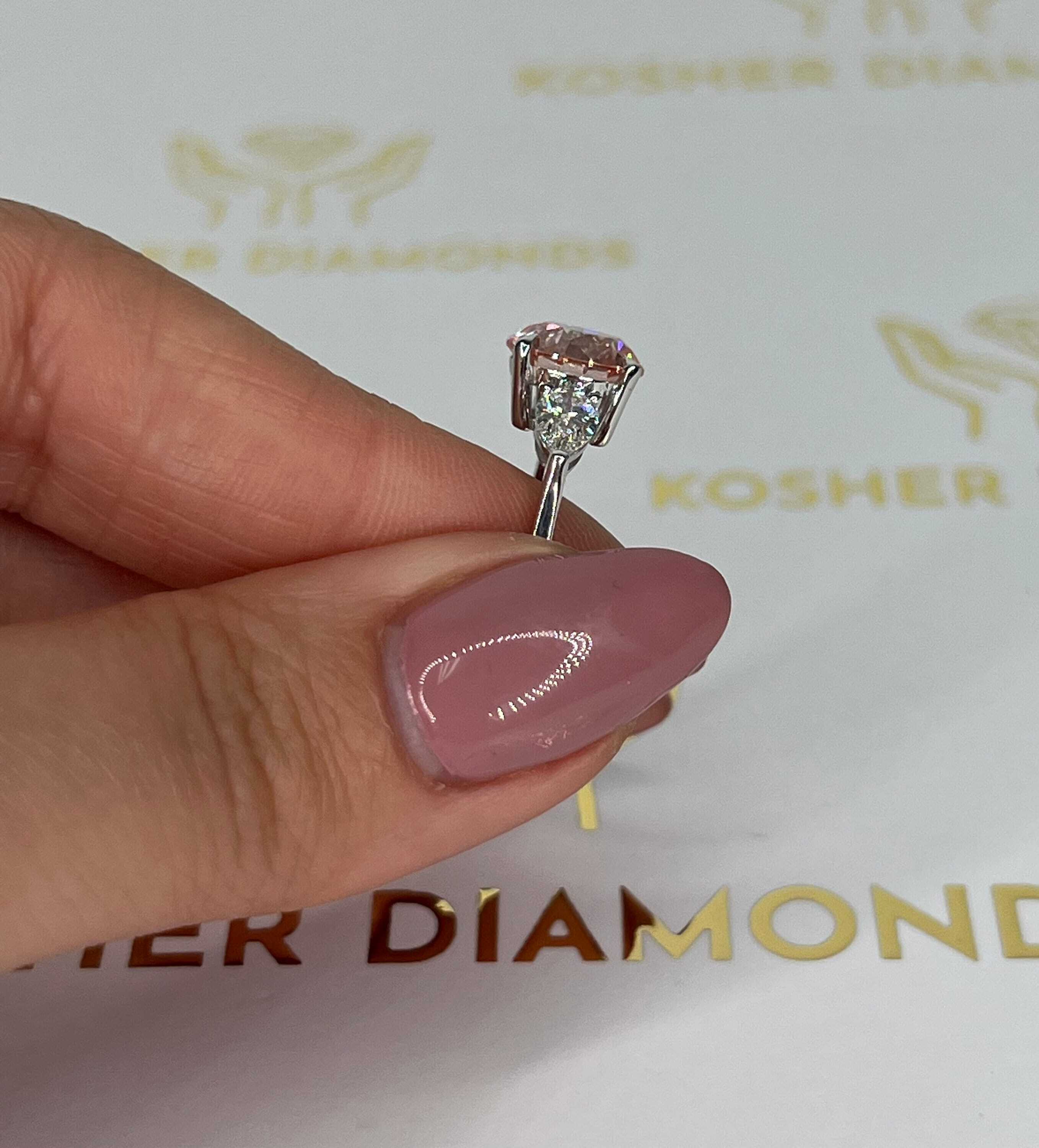 3.75 Carat Fancy Vivid Pink Round Three Stone Diamond Engagement Ring, Pear Side Diamonds