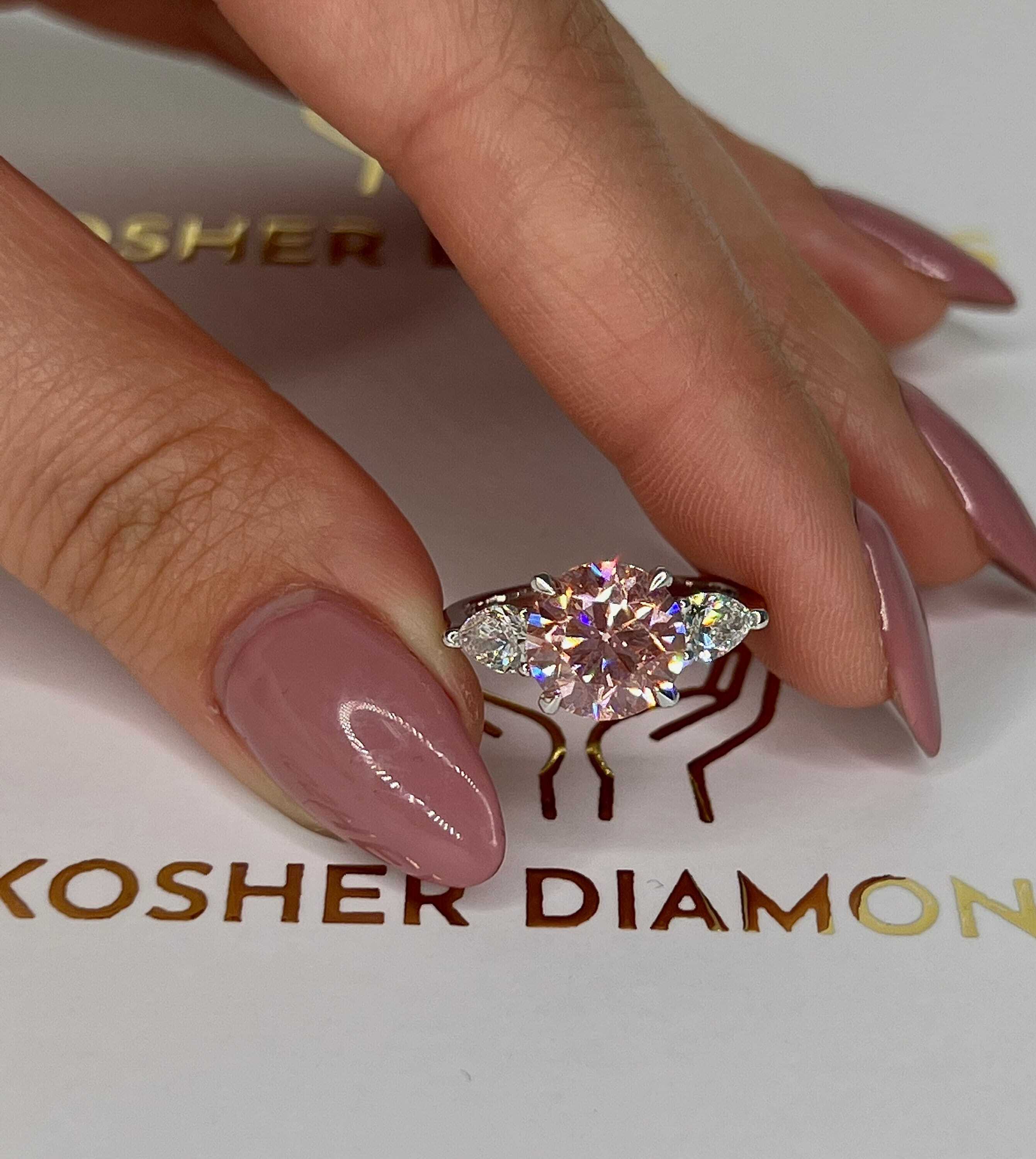 3.75 Carat Fancy Vivid Pink Round Three Stone Diamond Engagement Ring, Pear Side Diamonds