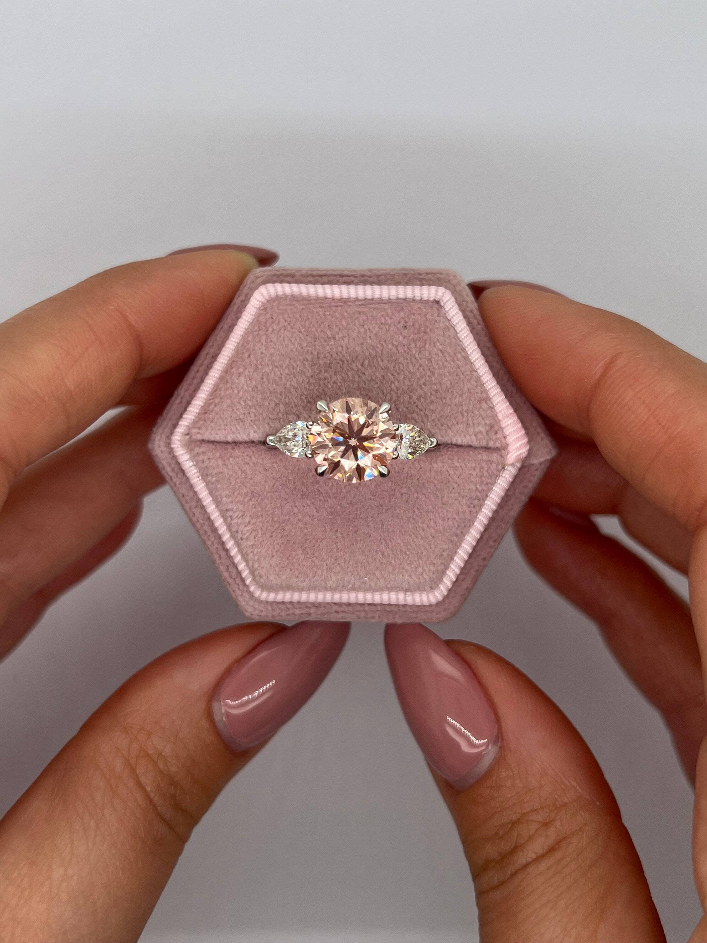 3.75 Carat Fancy Vivid Pink Round Three Stone Diamond Engagement Ring, Pear Side Diamonds