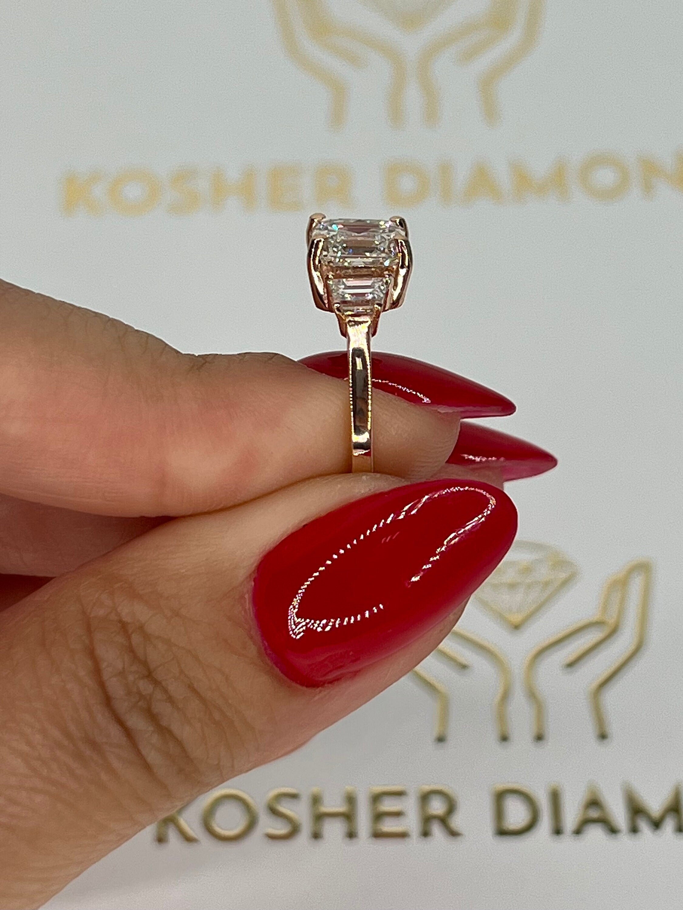2.5 Carat Asscher Cut Three Stone Diamond Engagement Ring, Side Trapezoid Diamonds