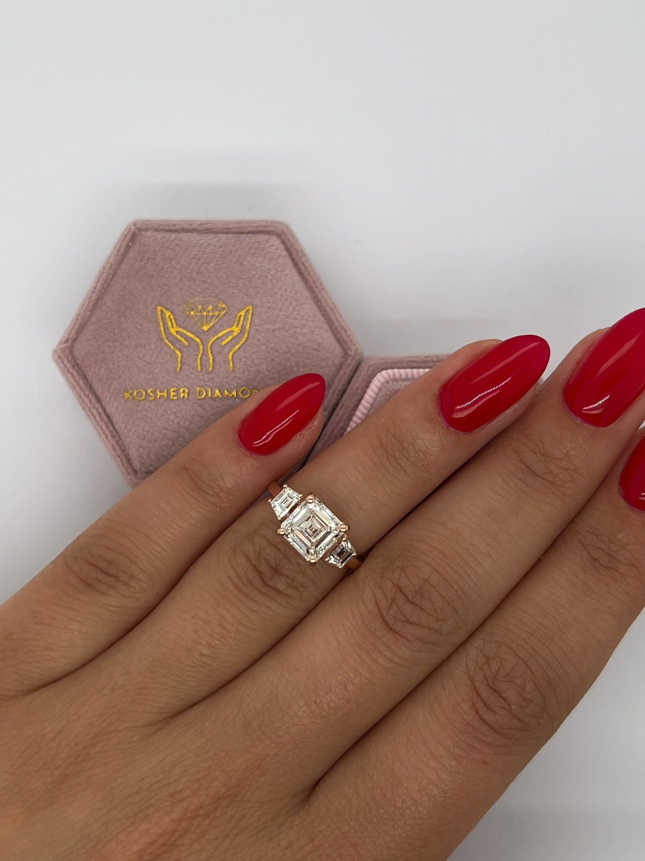 2.5 Carat Asscher Cut Three Stone Diamond Engagement Ring, Side Trapezoid Diamonds