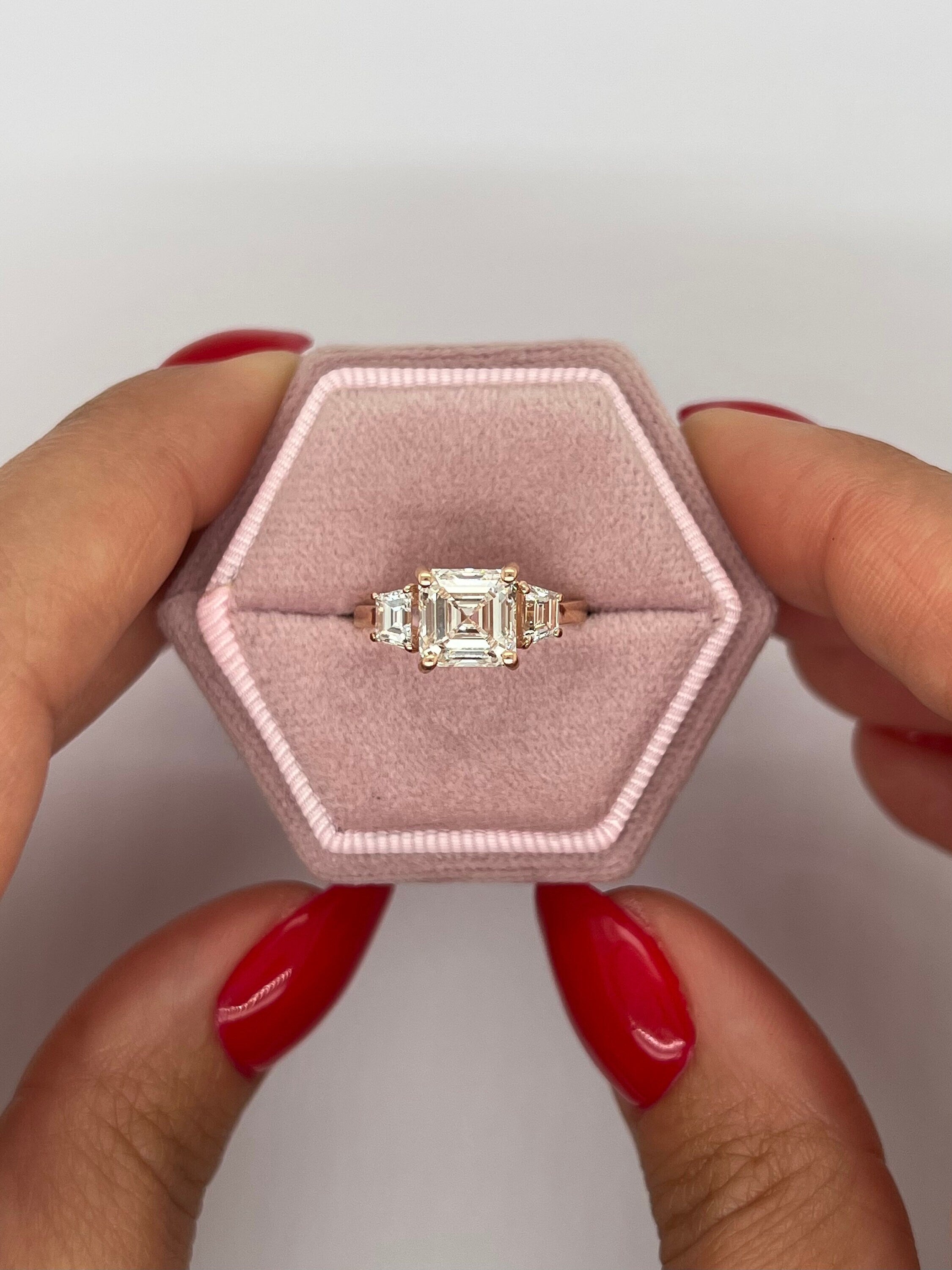 2.5 Carat Asscher Cut Three Stone Diamond Engagement Ring, Side Trapezoid Diamonds