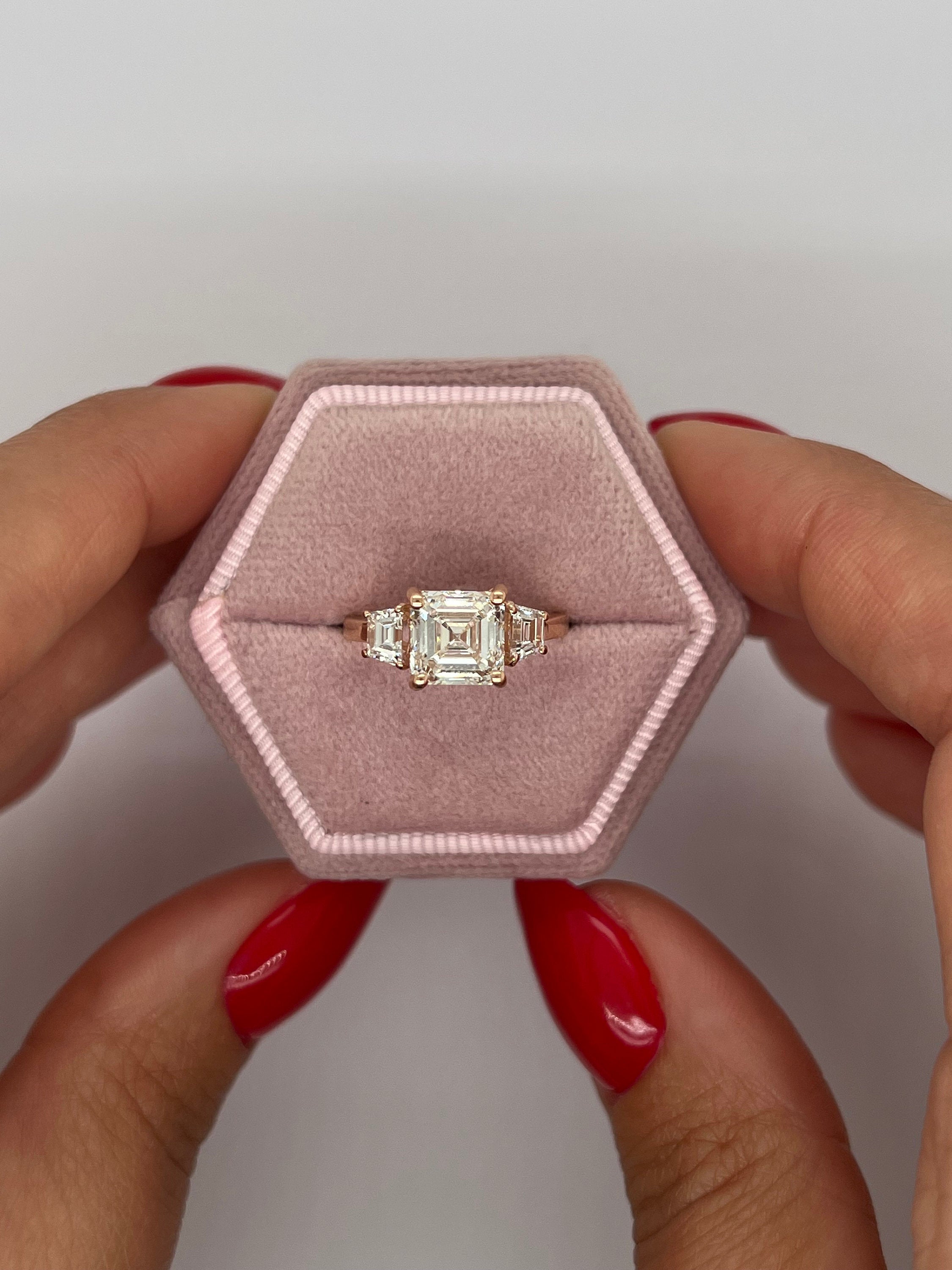 2.5 Carat Asscher Cut Three Stone Diamond Engagement Ring, Side Trapezoid Diamonds