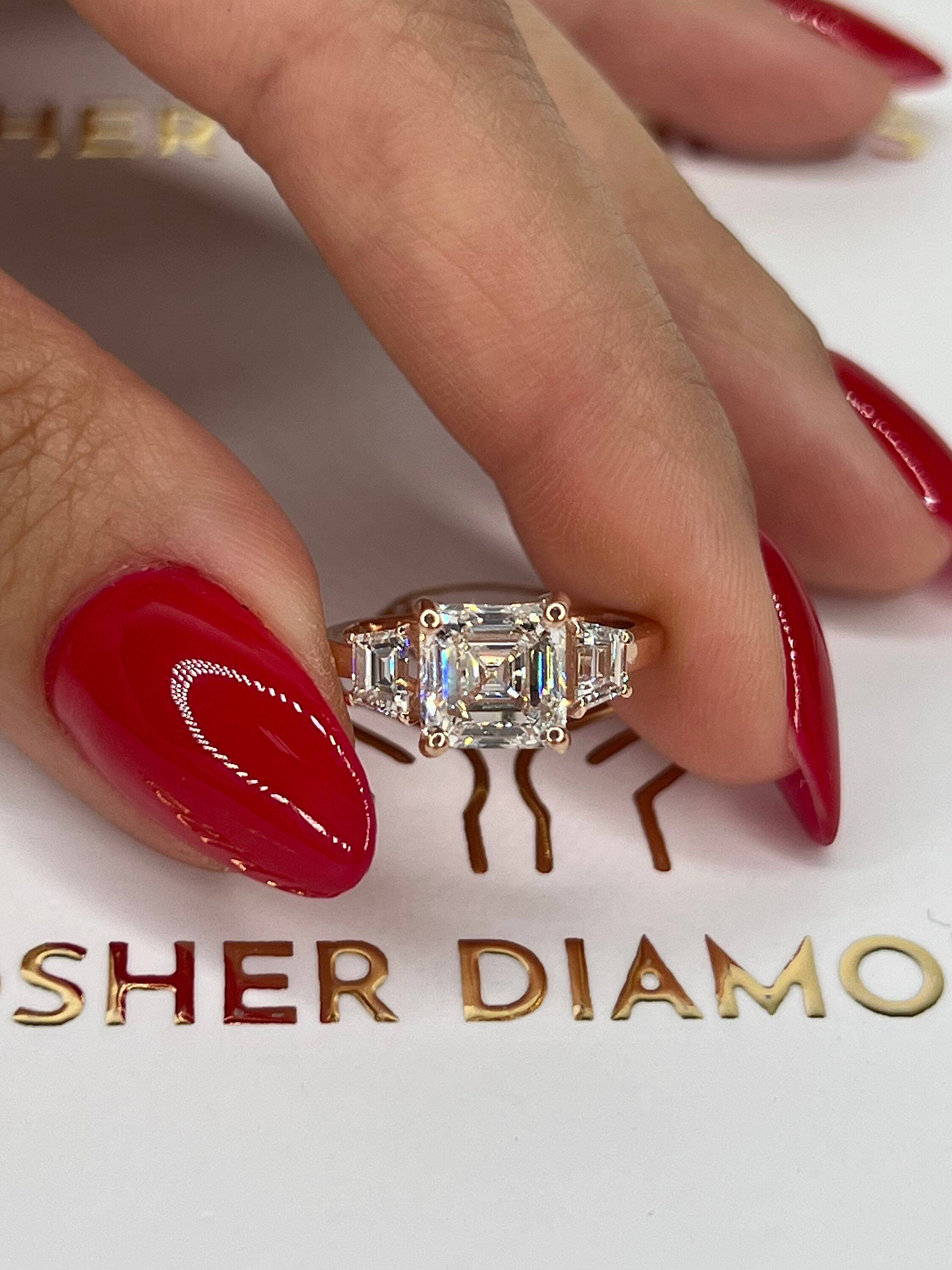 2.5 Carat Asscher Cut Three Stone Diamond Engagement Ring, Side Trapezoid Diamonds