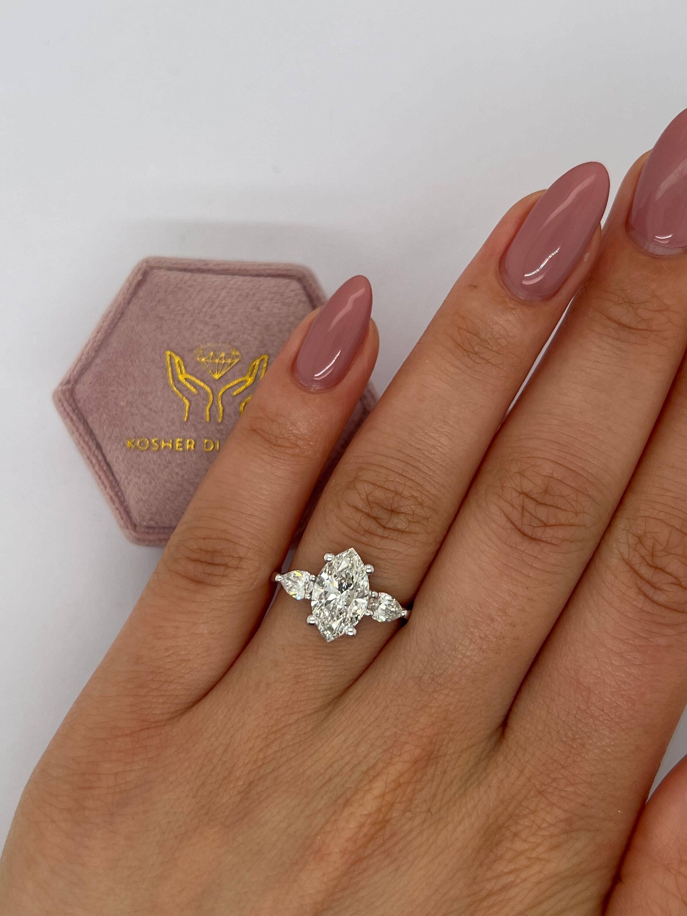 2.5 Carat Total Marquise Cut Three Stone Diamond Engagement Ring, Side Pear Diamonds