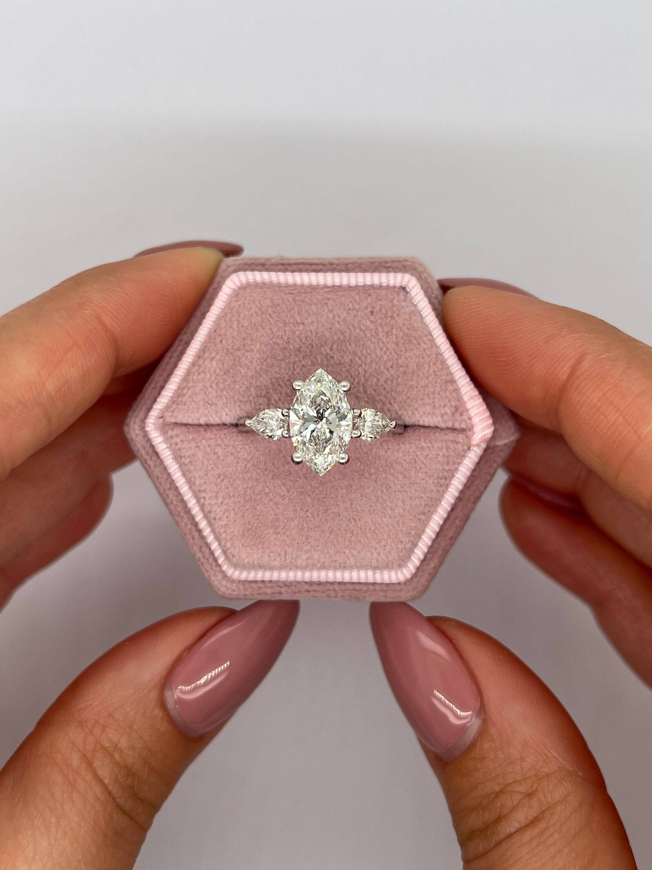 2.5 Carat Total Marquise Cut Three Stone Diamond Engagement Ring, Side Pear Diamonds