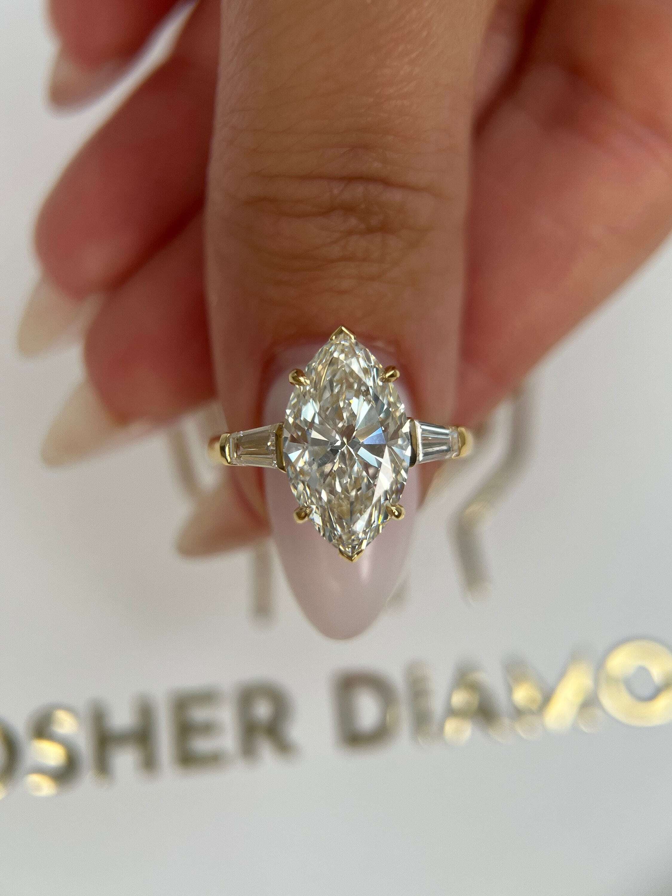 4.5 Carat Marquise Cut Three Stone Diamond Engagement Ring, Side Baguettes