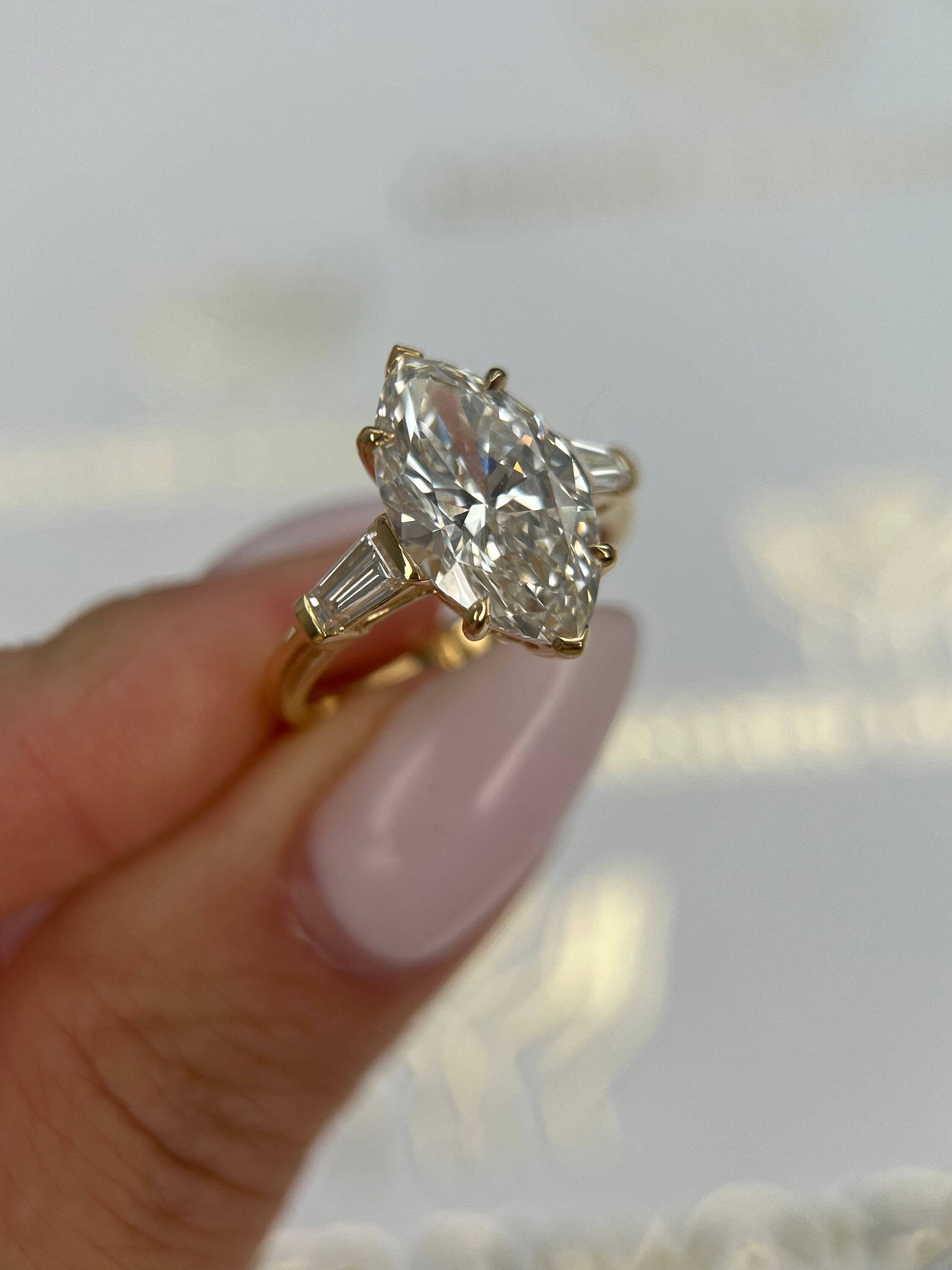 4.5 Carat Marquise Cut Three Stone Diamond Engagement Ring, Side Baguettes