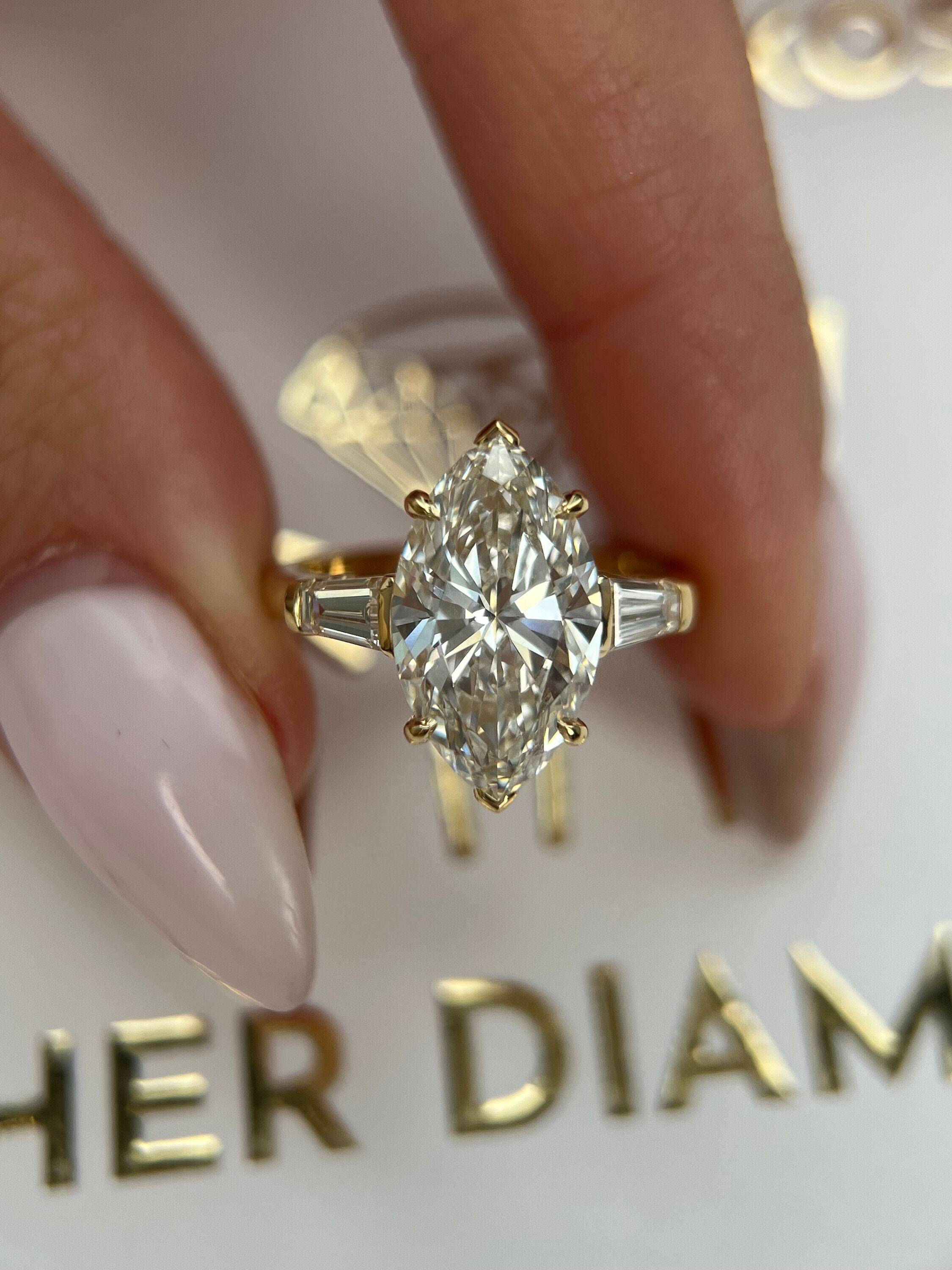 4.5 Carat Marquise Cut Three Stone Diamond Engagement Ring, Side Baguettes