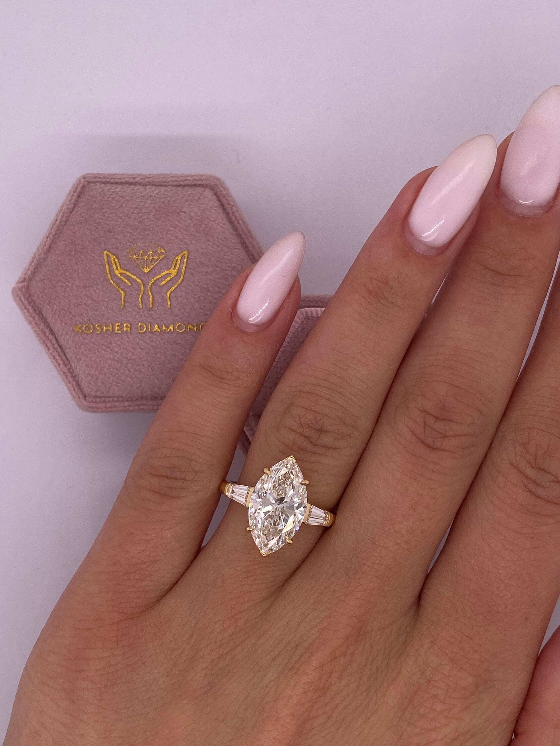 4.5 Carat Marquise Cut Three Stone Diamond Engagement Ring, Side Baguettes