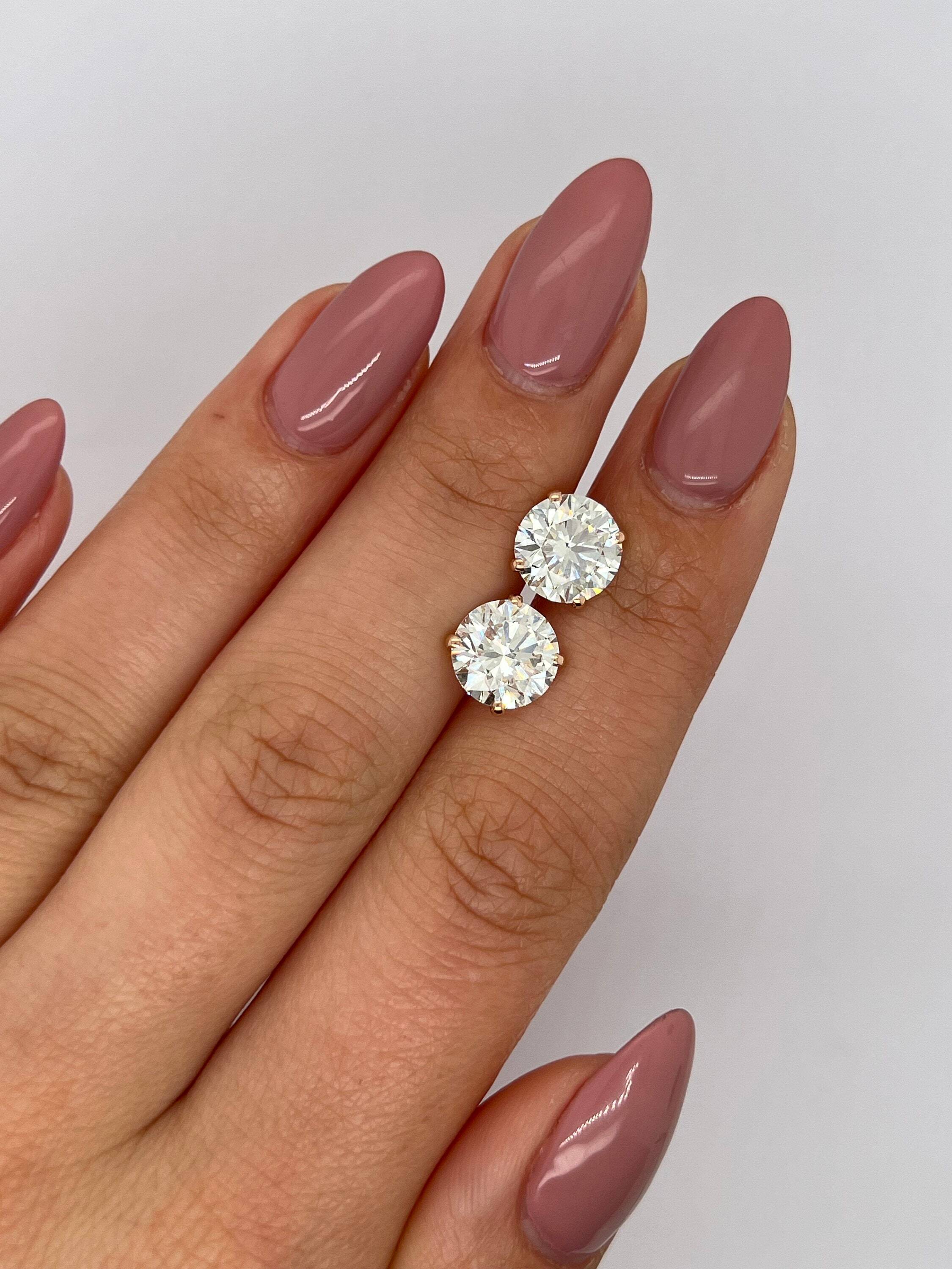 6 Carat Total Weight Round Ideal Cut Diamond Stud Earrings, 4 Prongs