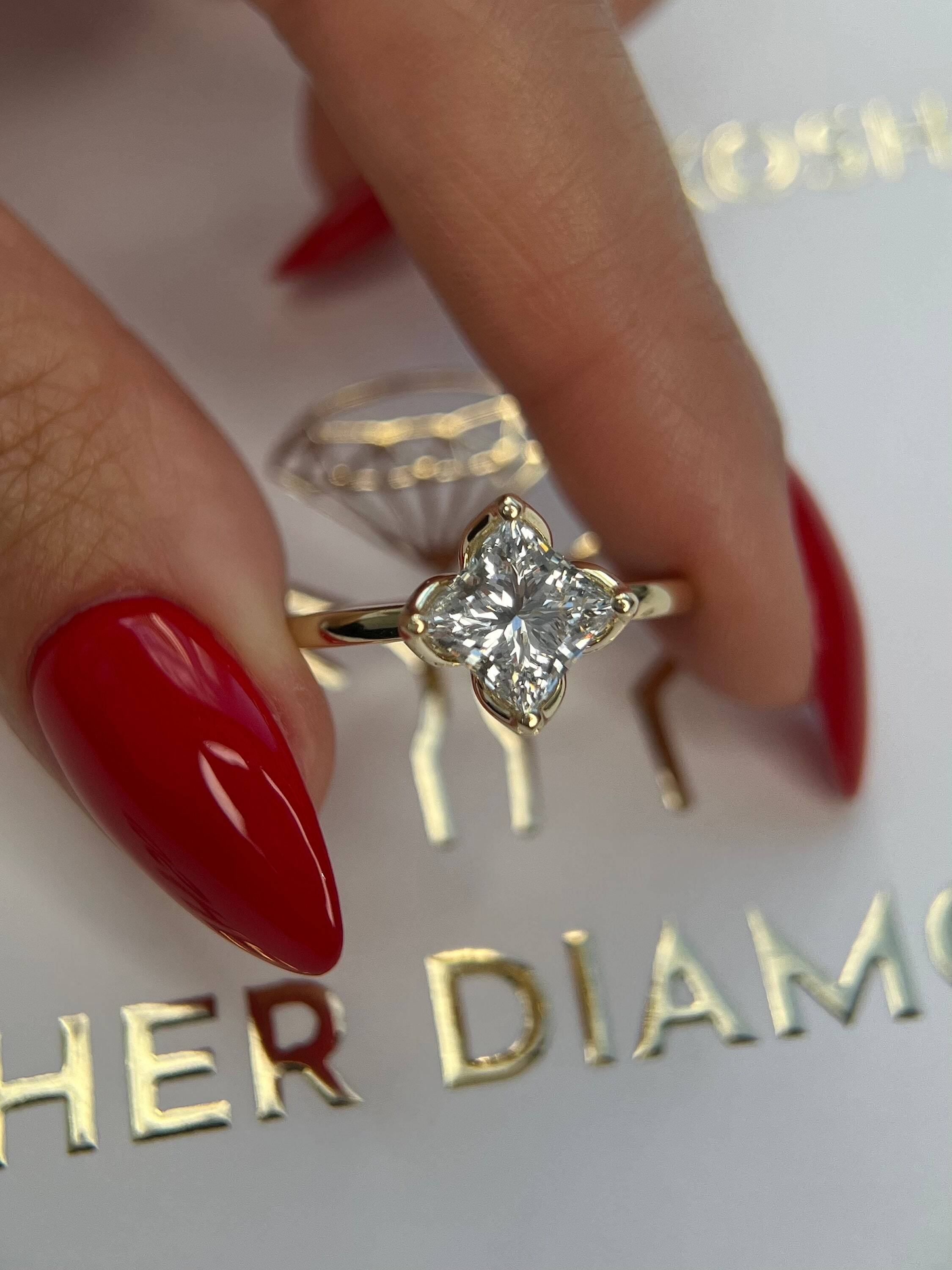 Tulip Solitaire 3 Carat Princess Cut Diamond Engagement Ring "North-South" Set