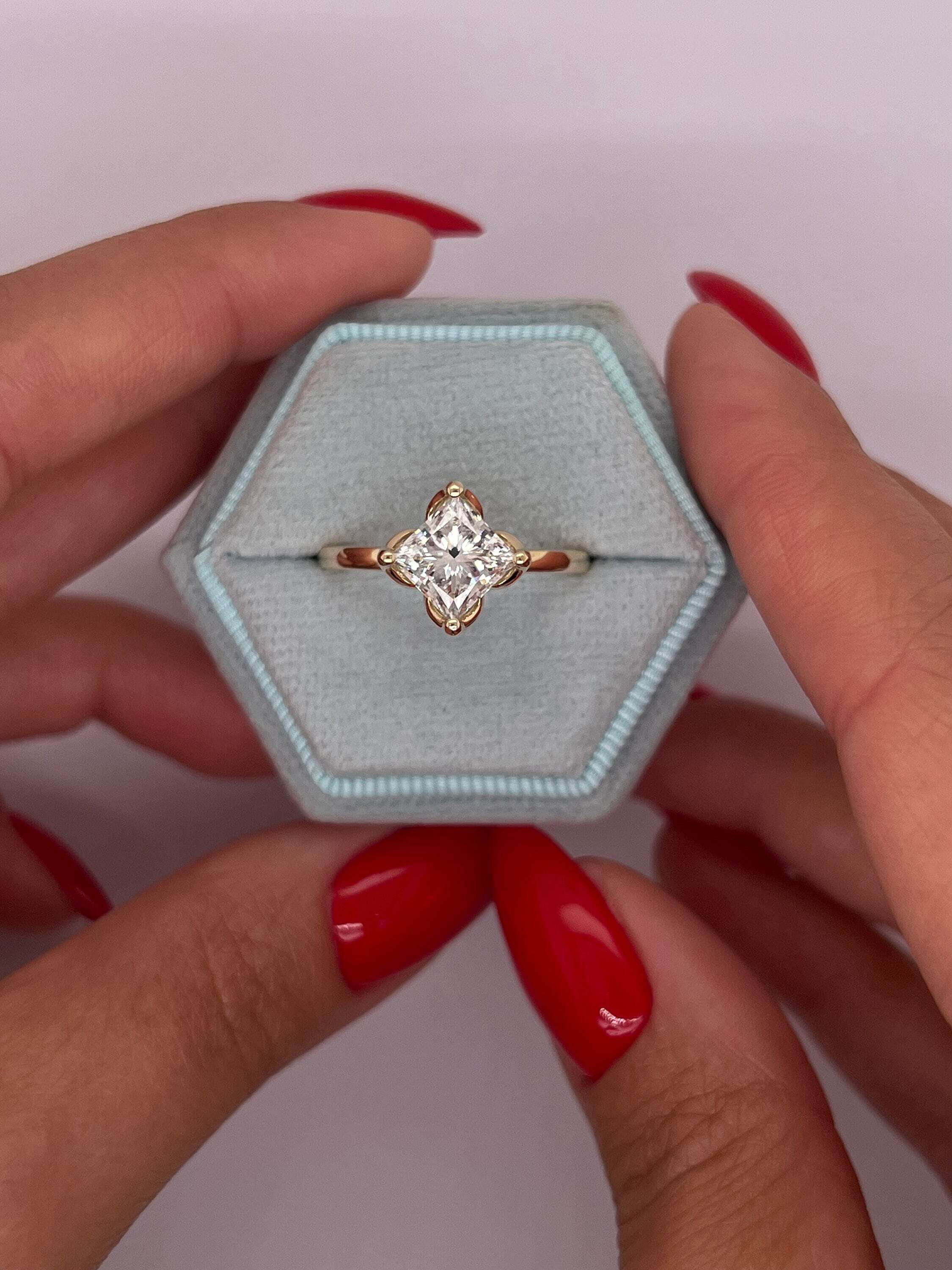 Tulip Solitaire 3 Carat Princess Cut Diamond Engagement Ring "North-South" Set