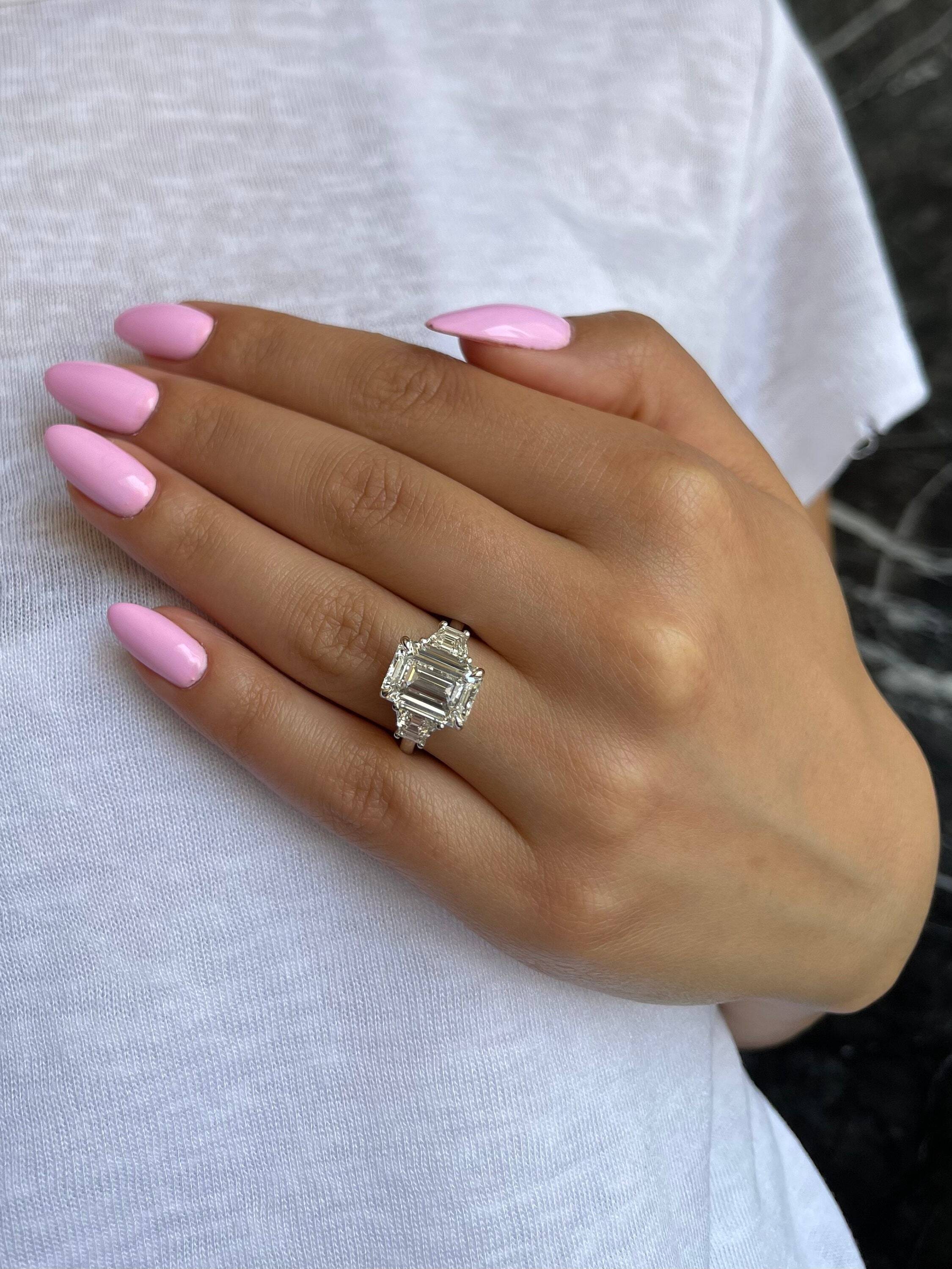 6 Carat Three Stone Emerald Cut Diamond Engagement Ring Side Trapezoids