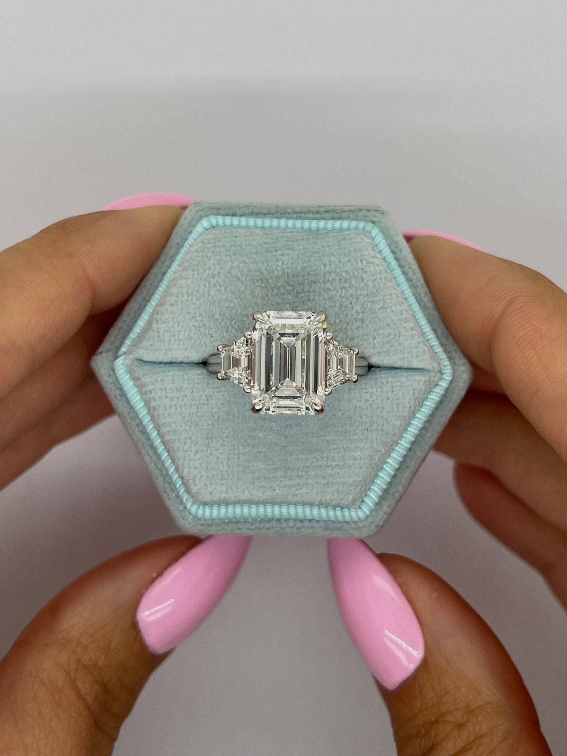 6 Carat Three Stone Emerald Cut Diamond Engagement Ring Side Trapezoids