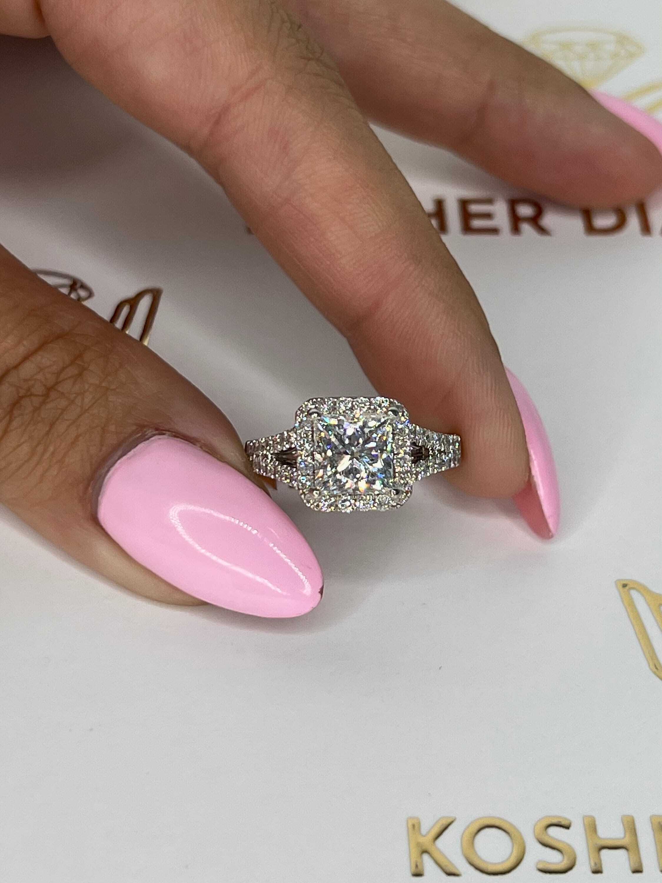 2.5 Carat Princess Cut Diamond Halo Split Shank Engagement Ring, Round Side Diamonds