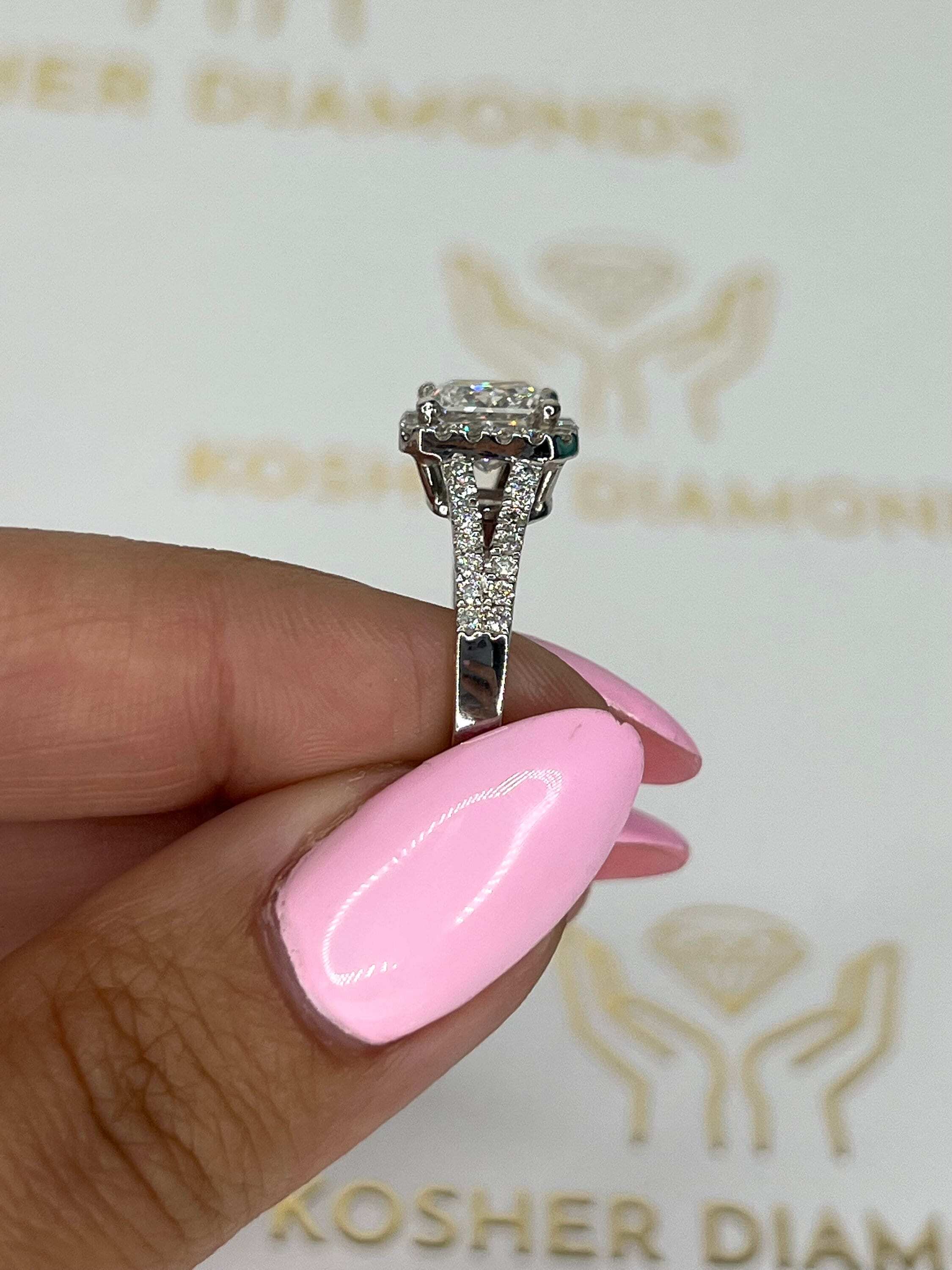 2.5 Carat Princess Cut Diamond Halo Split Shank Engagement Ring, Round Side Diamonds