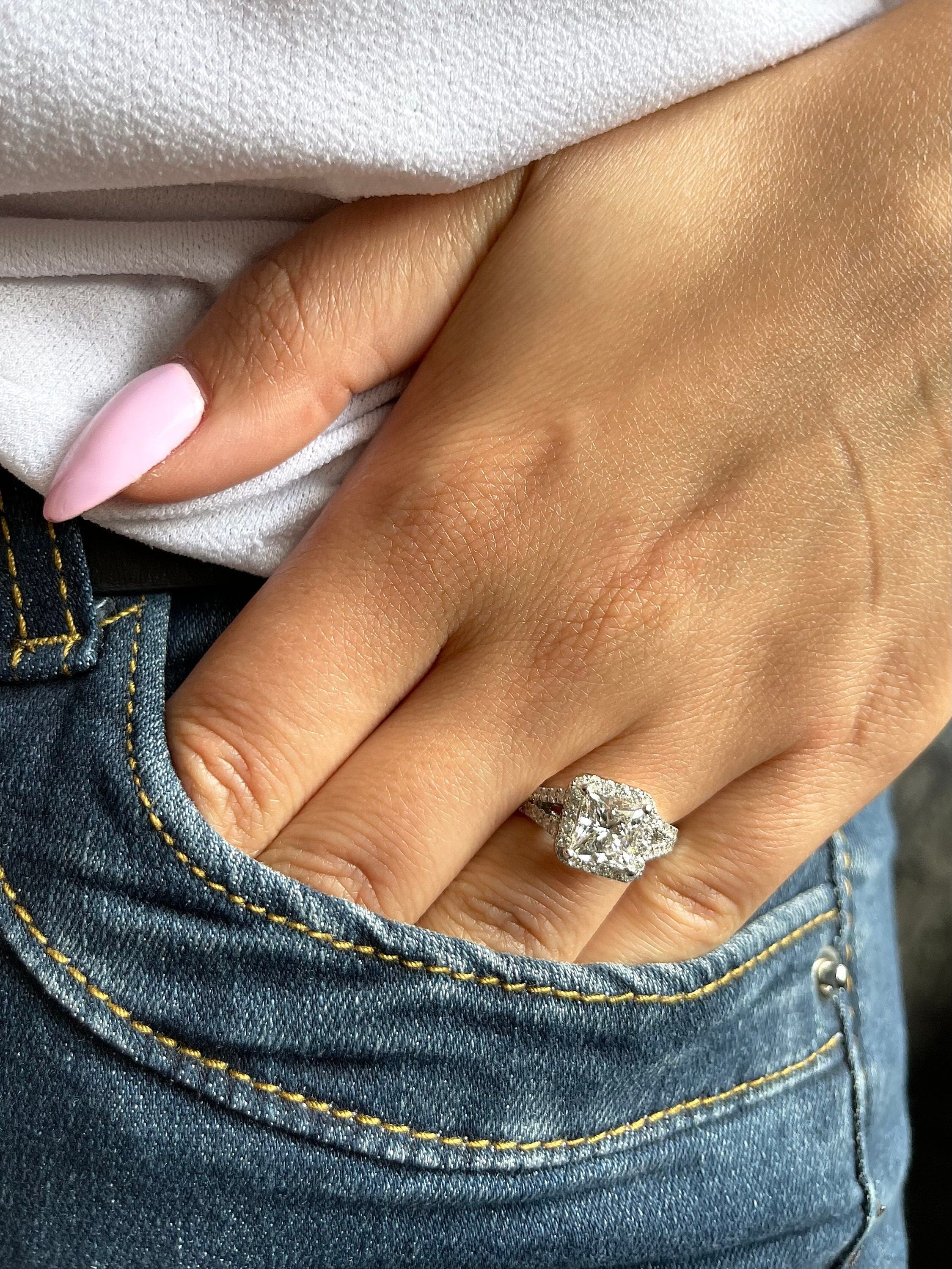 2.5 Carat Princess Cut Diamond Halo Split Shank Engagement Ring, Round Side Diamonds